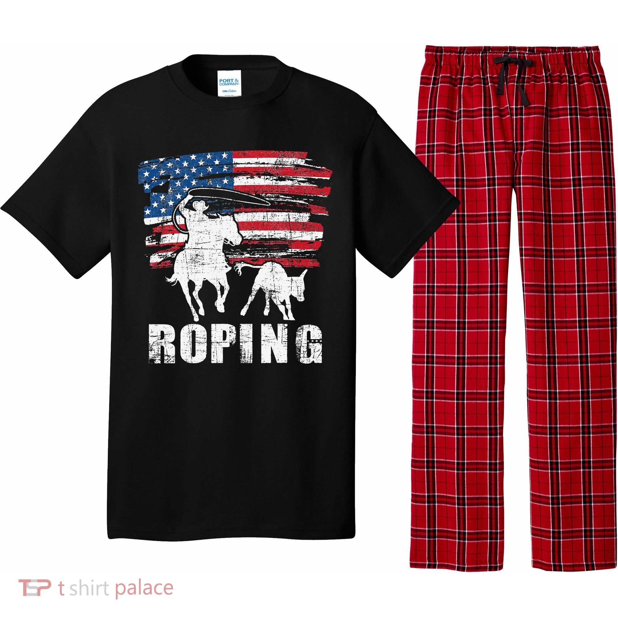 Team Roping Roper Usa American Flag Header Heeler Horse Pajama Set