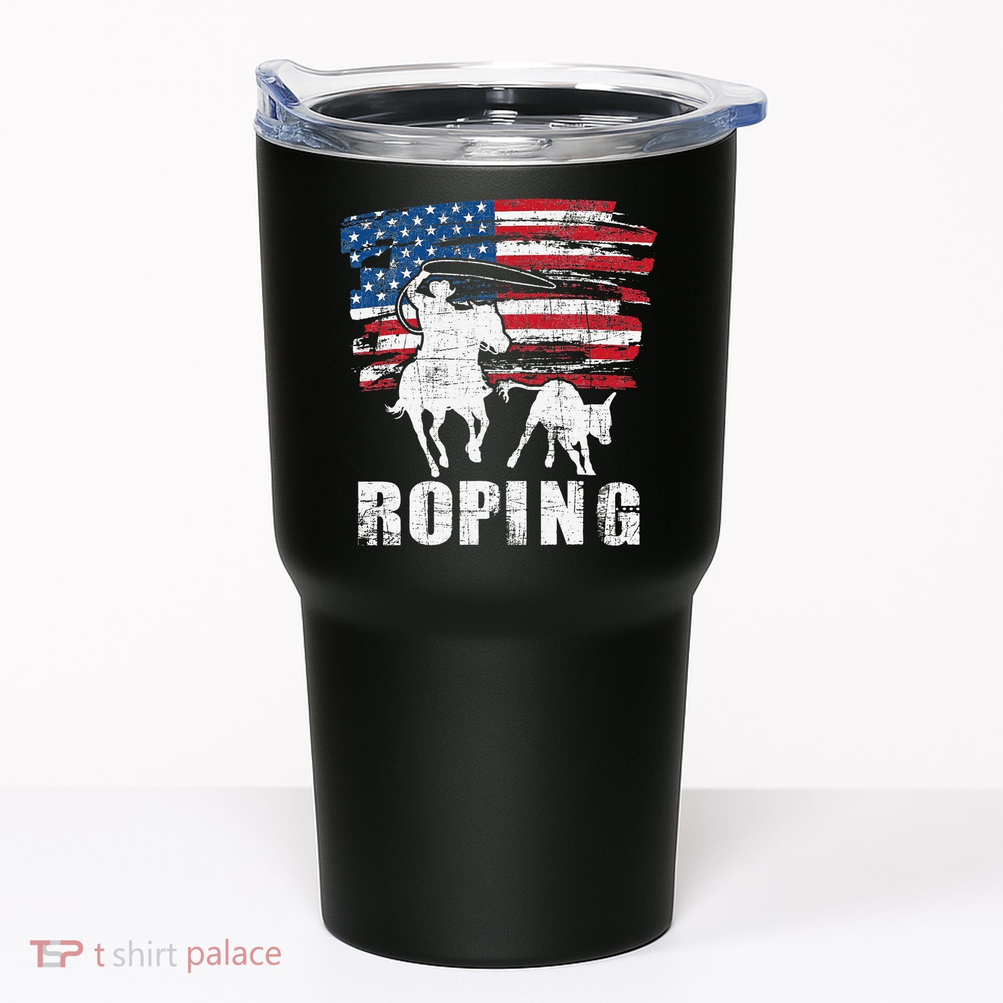 Team Roping Roper Usa American Flag Header Heeler Horse Tumbler