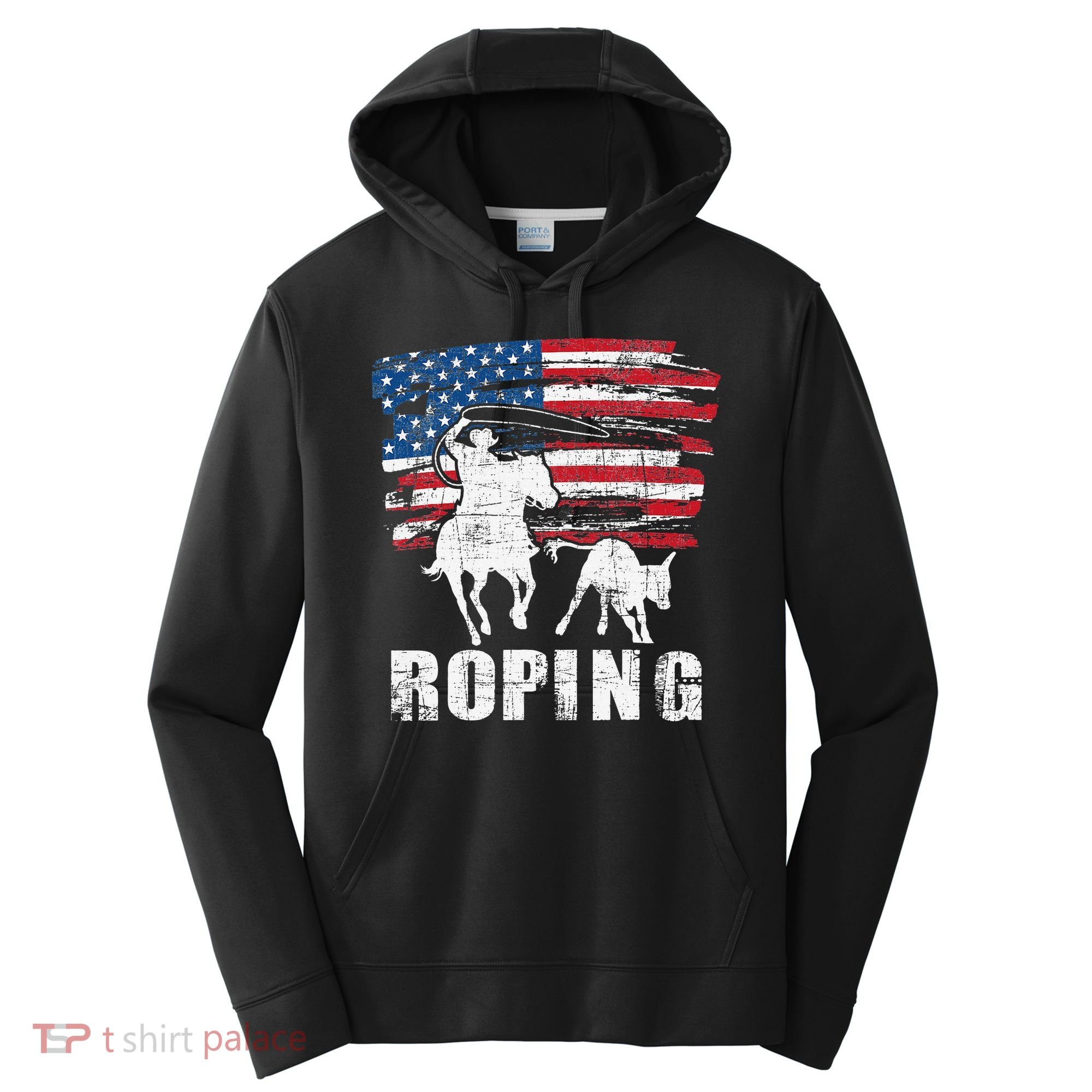 Team Roping Roper Usa American Flag Header Heeler Horse Performance Fleece Hoodie