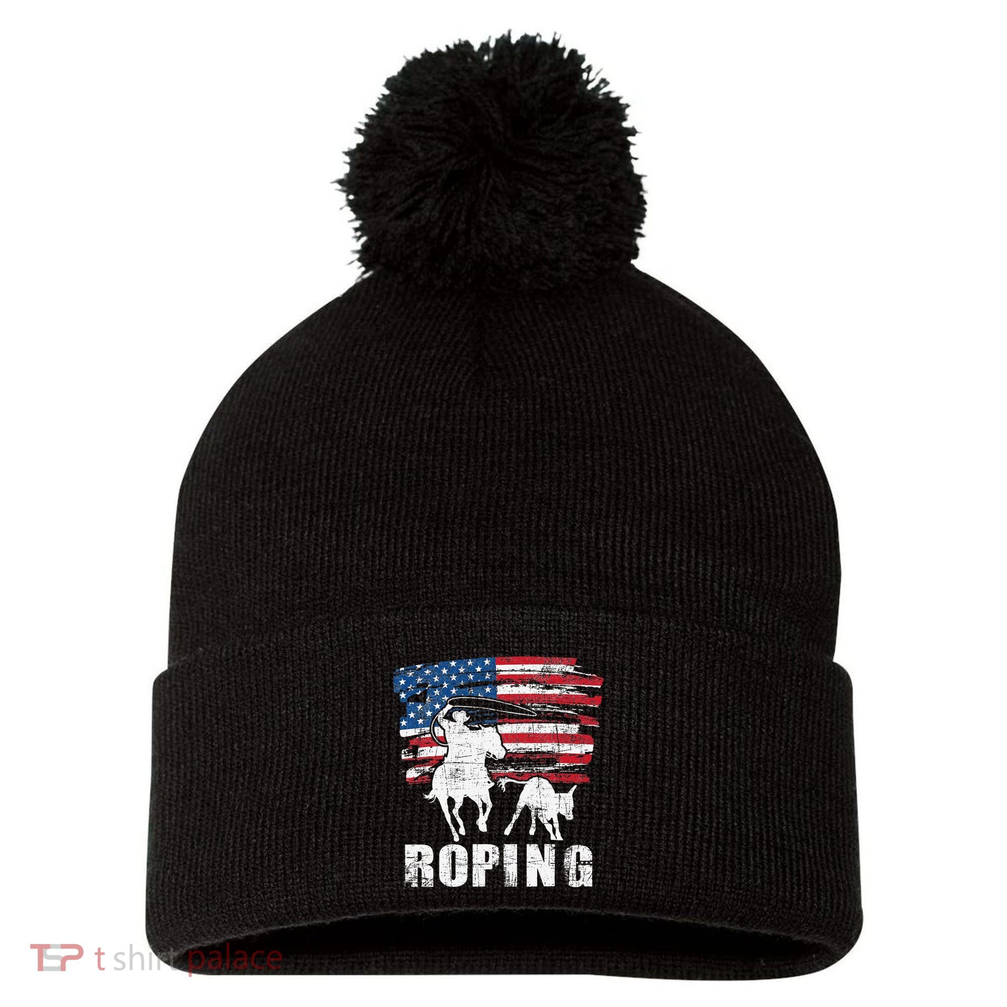 Team Roping Roper Usa American Flag Header Heeler Horse Pom Pom 12in Knit Beanie