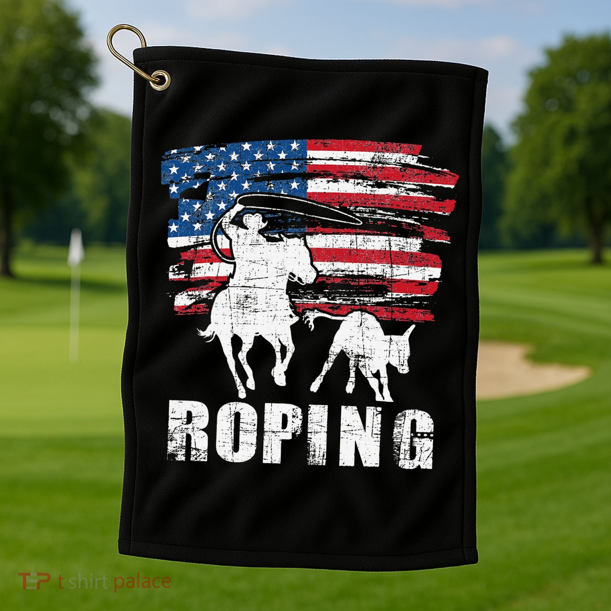 Team Roping Roper Usa American Flag Header Heeler Horse Golf Towel