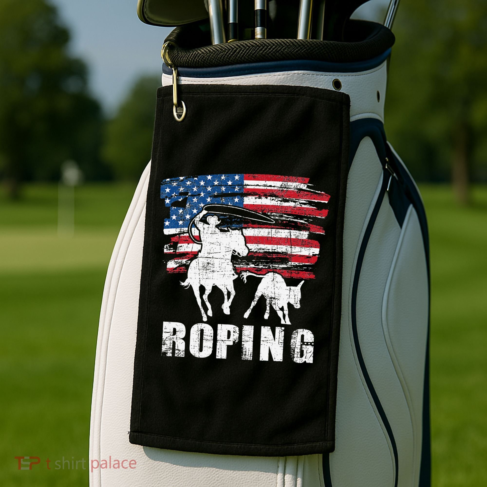 Team Roping Roper Usa American Flag Header Heeler Horse Golf Towel