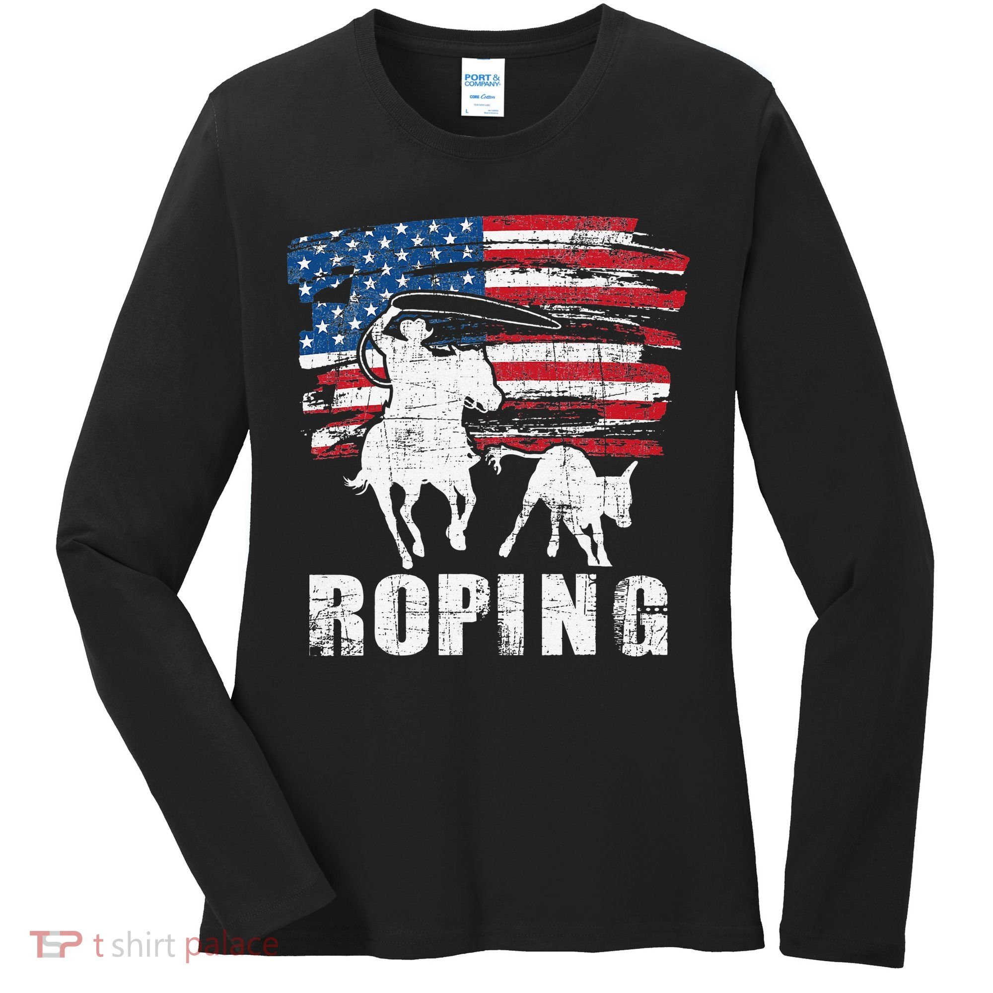 Team Roping Roper Usa American Flag Header Heeler Horse Women's Long Sleeve Shirt