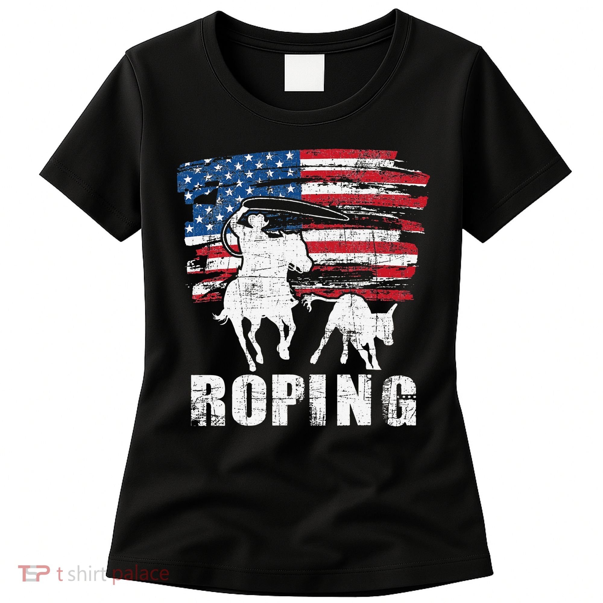 Team Roping Roper Usa American Flag Header Heeler Horse Women's T-Shirt