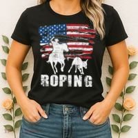 Team Roping Roper Usa American Flag Header Heeler Horse Women's T-Shirt thumb 2