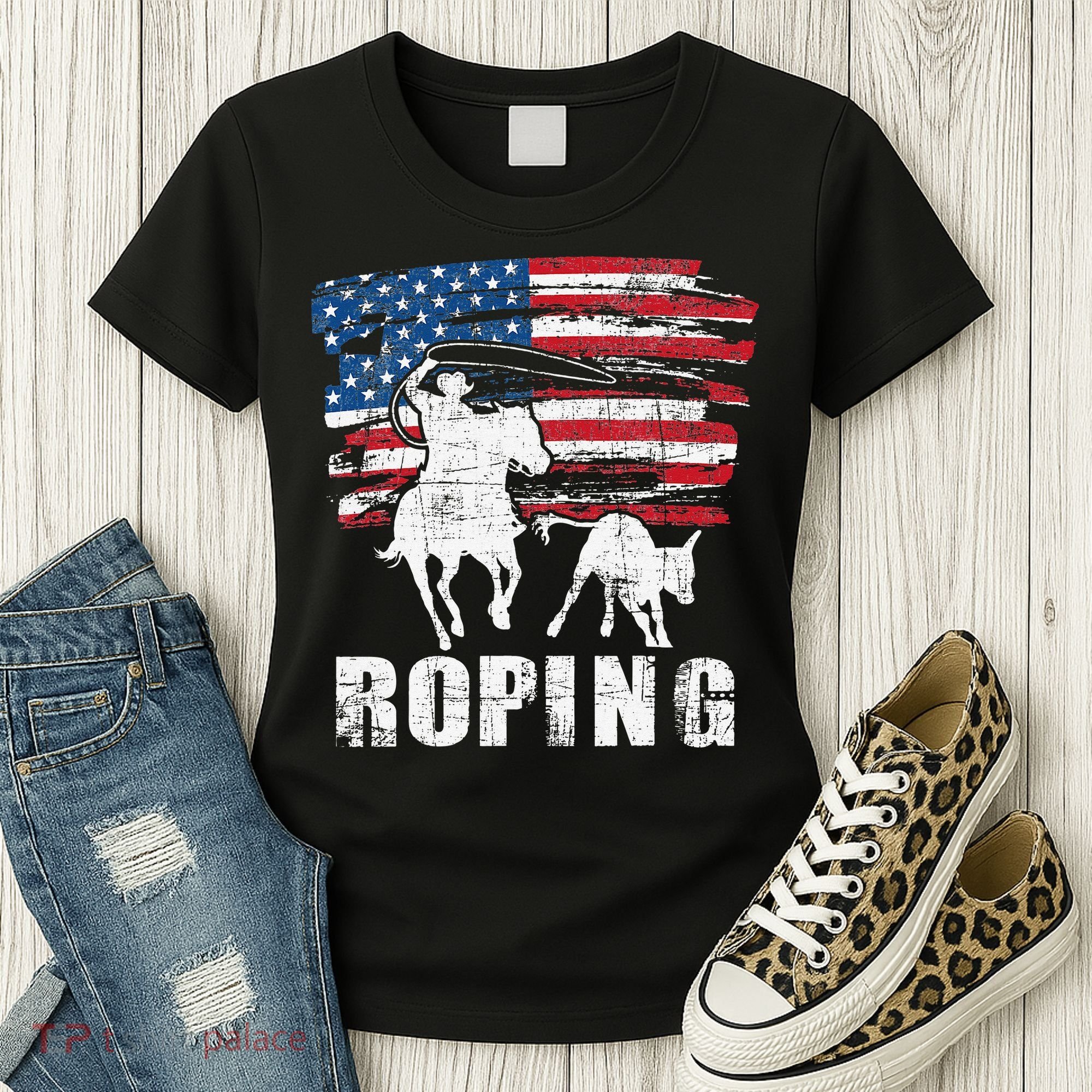 Team Roping Roper Usa American Flag Header Heeler Horse Women's T-Shirt