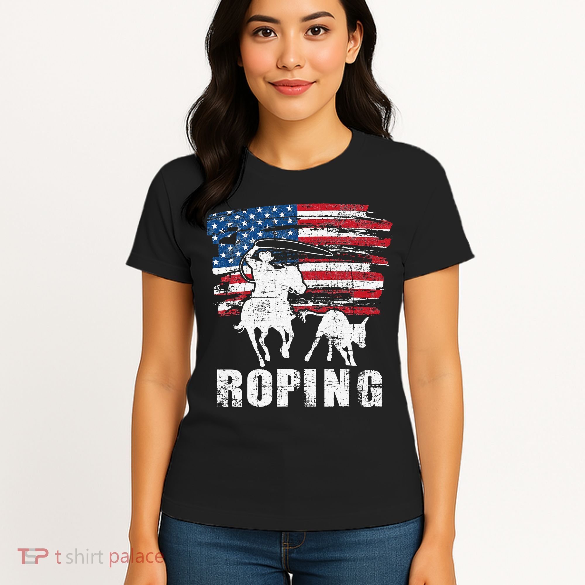 Team Roping Roper Usa American Flag Header Heeler Horse Women's T-Shirt