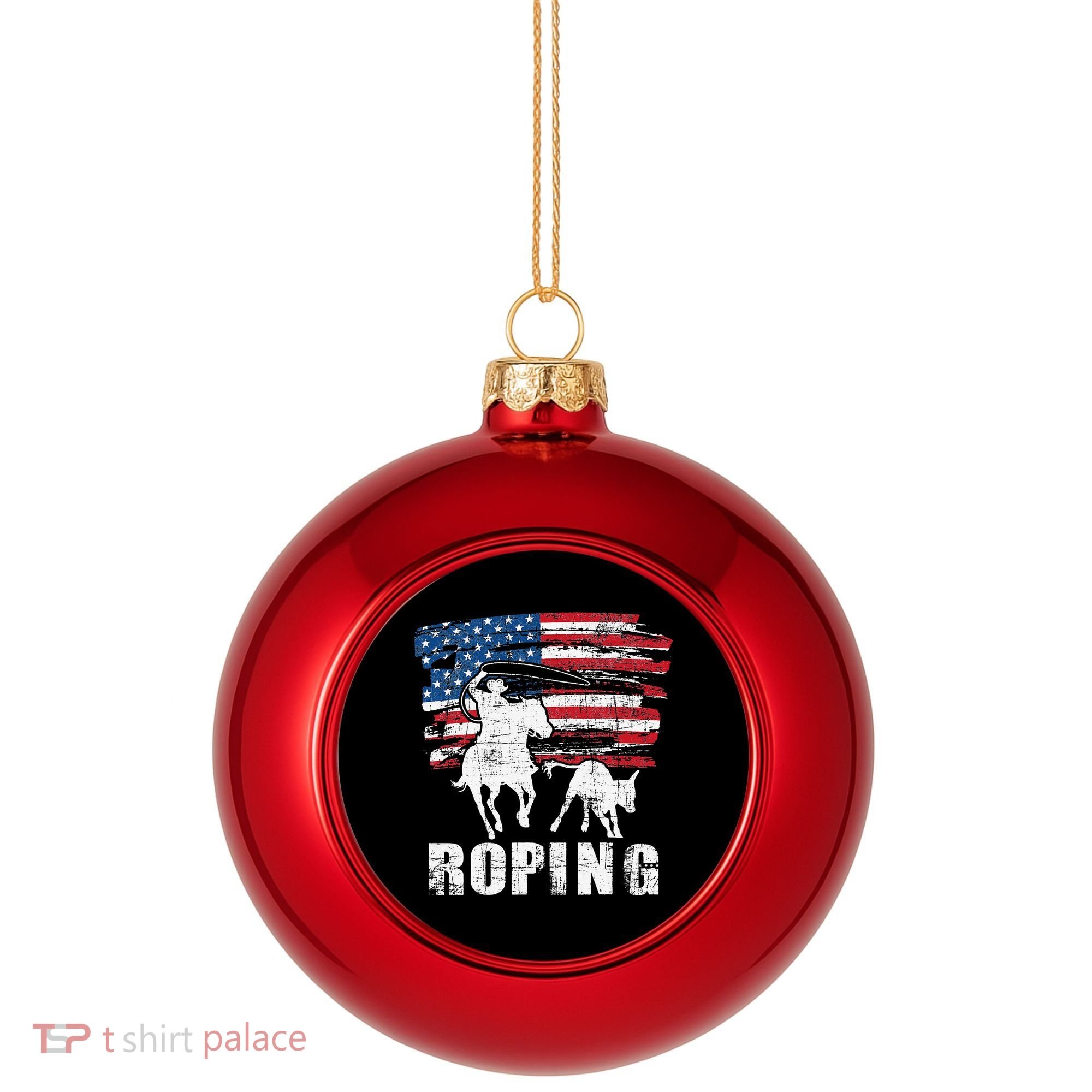 Team Roping Roper Usa American Flag Header Heeler Horse Plastic Christmas Ball Ornament