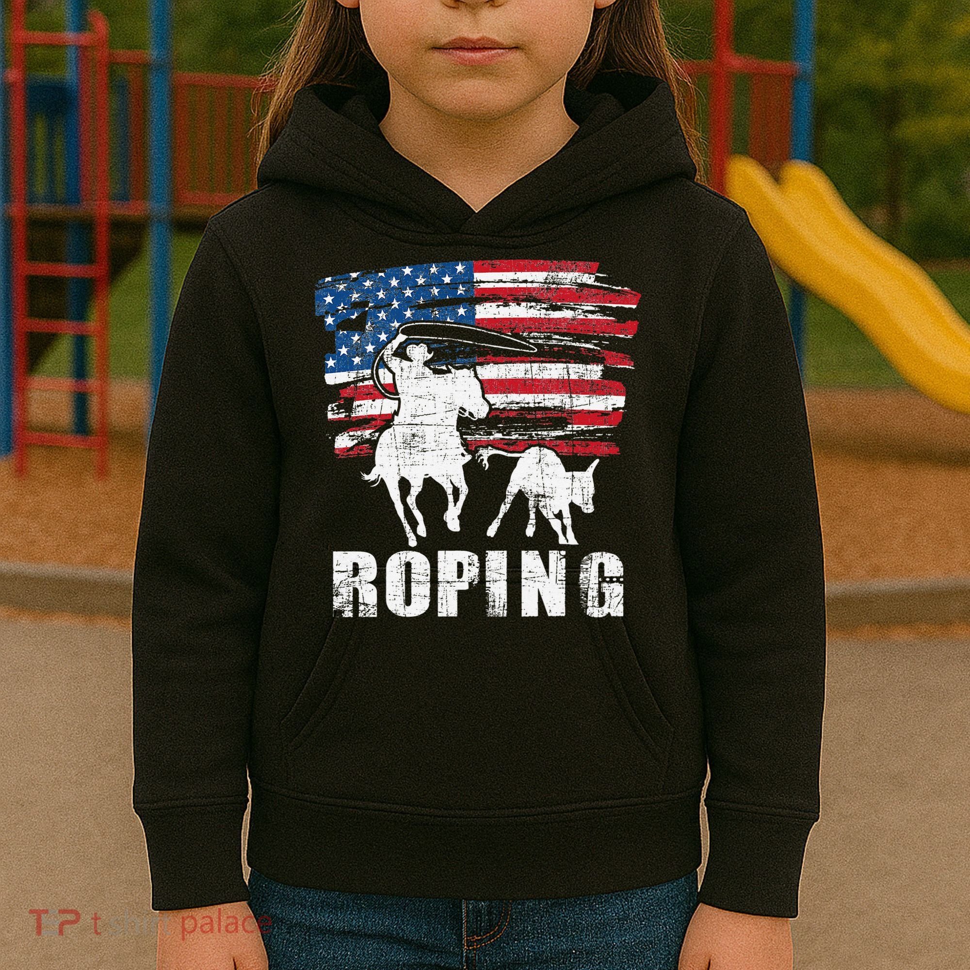 Team Roping Roper Usa American Flag Header Heeler Horse Kids Hoodie