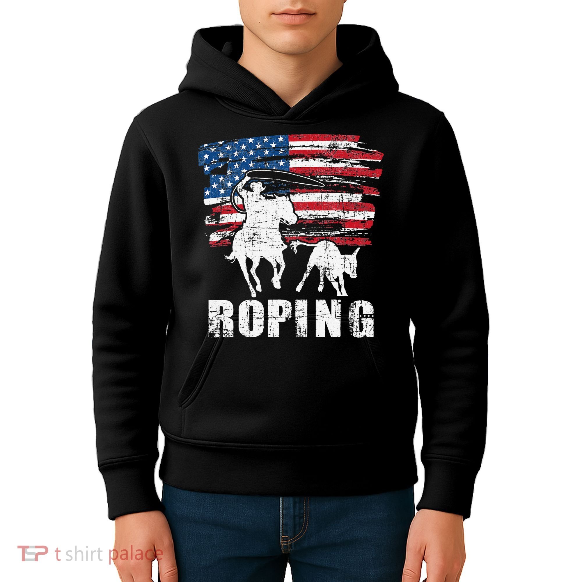 Team Roping Roper Usa American Flag Header Heeler Horse Kids Hoodie