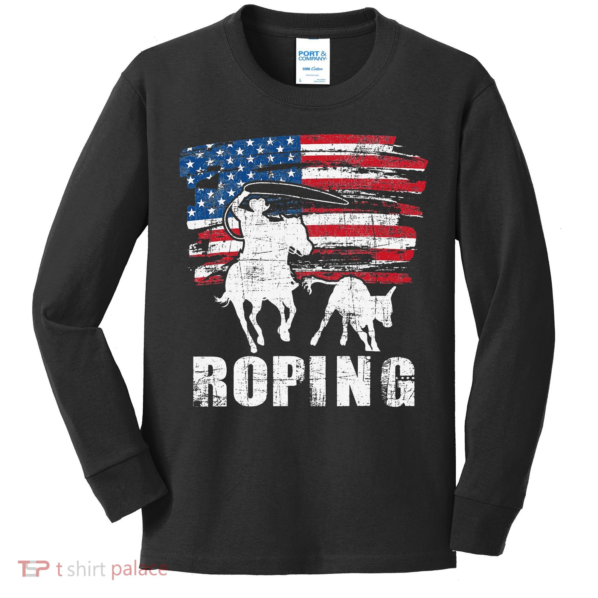 Team Roping Roper Usa American Flag Header Heeler Horse Kids Long Sleeve Shirt