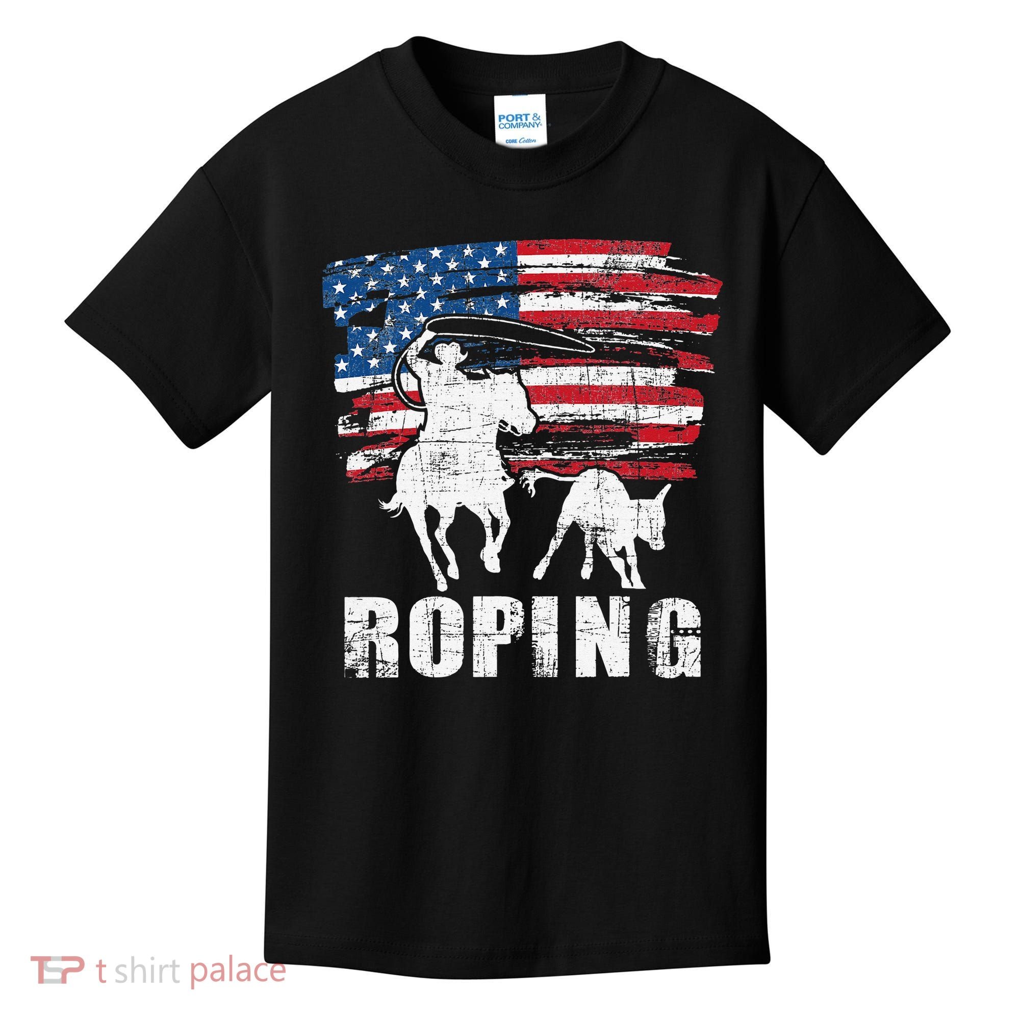 Team Roping Roper Usa American Flag Header Heeler Horse Kids T-Shirt