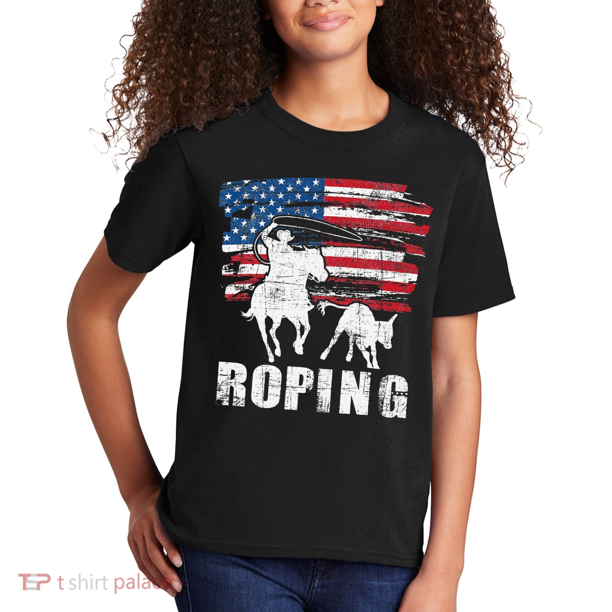 Team Roping Roper Usa American Flag Header Heeler Horse Kids T-Shirt