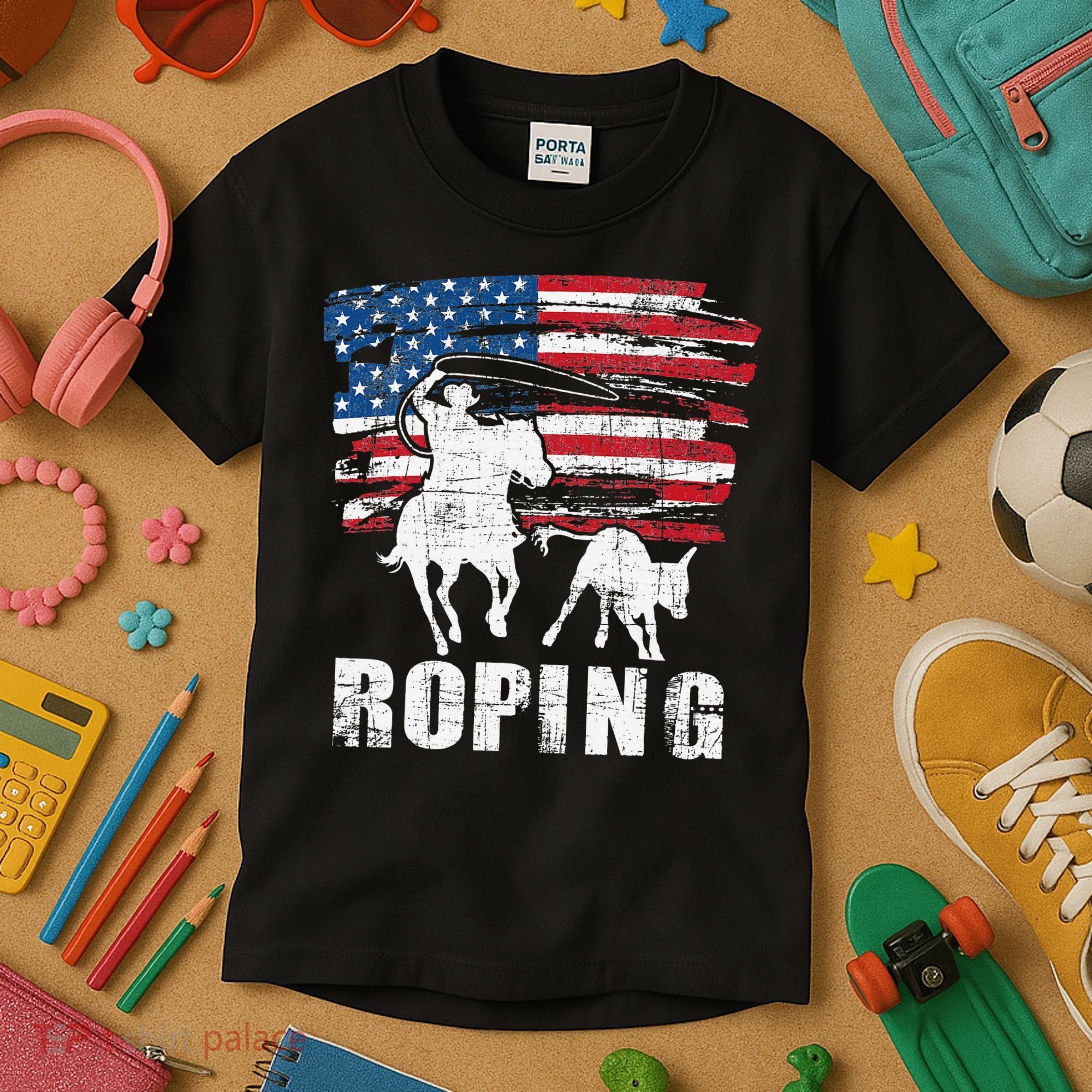 Team Roping Roper Usa American Flag Header Heeler Horse Kids T-Shirt