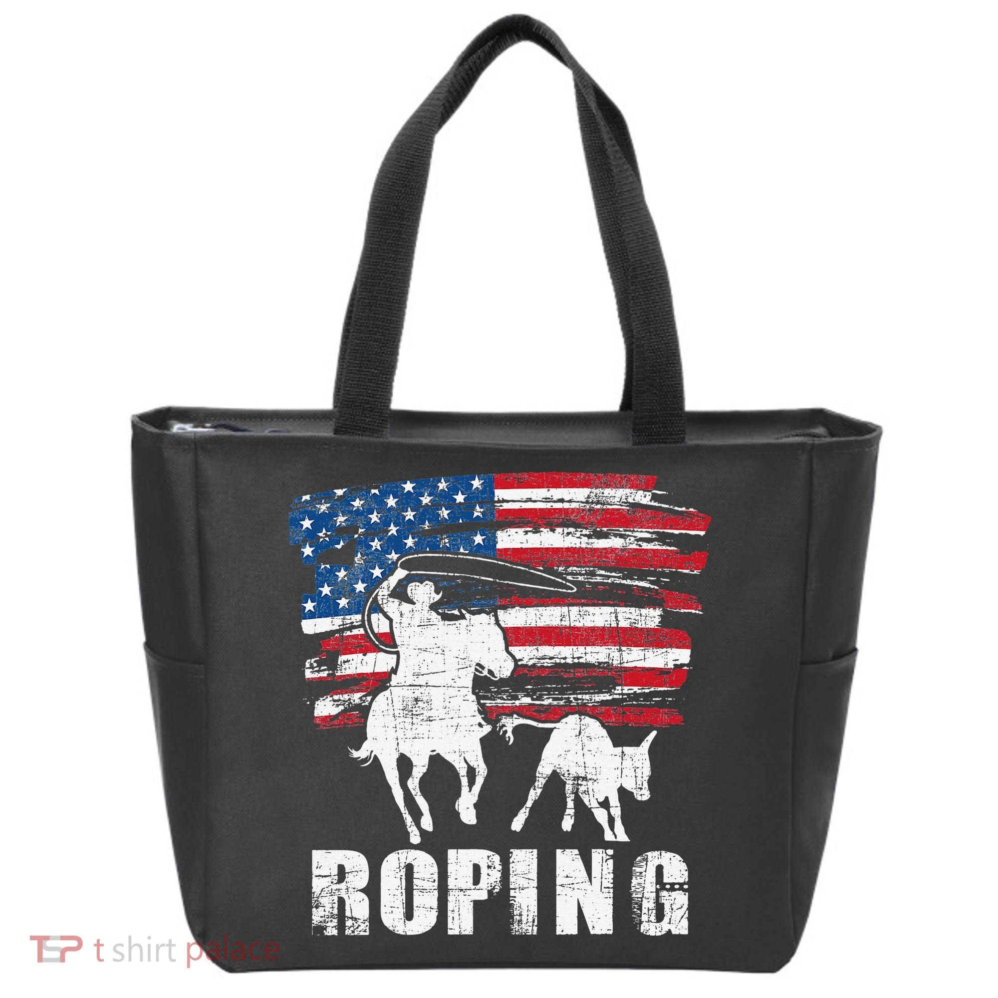 Team Roping Roper Usa American Flag Header Heeler Horse Tote Bag