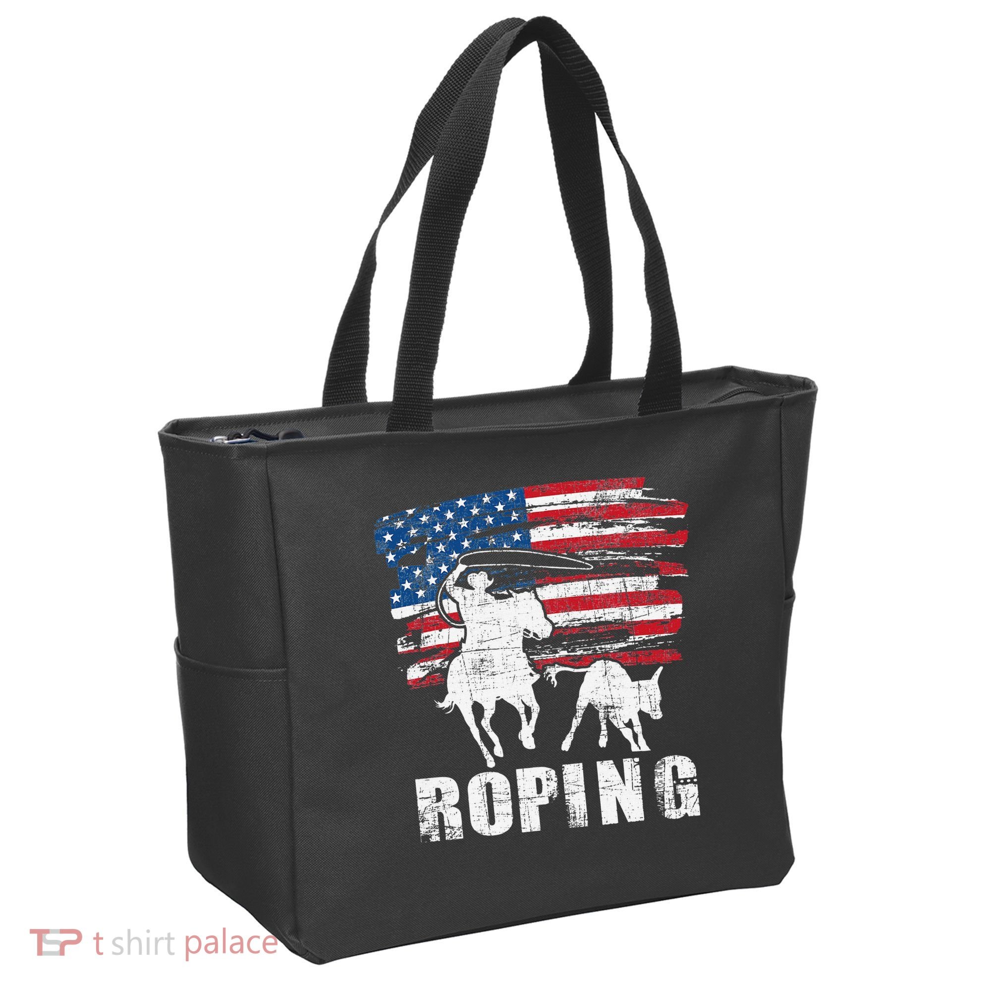Team Roping Roper Usa American Flag Header Heeler Horse Tote Bag