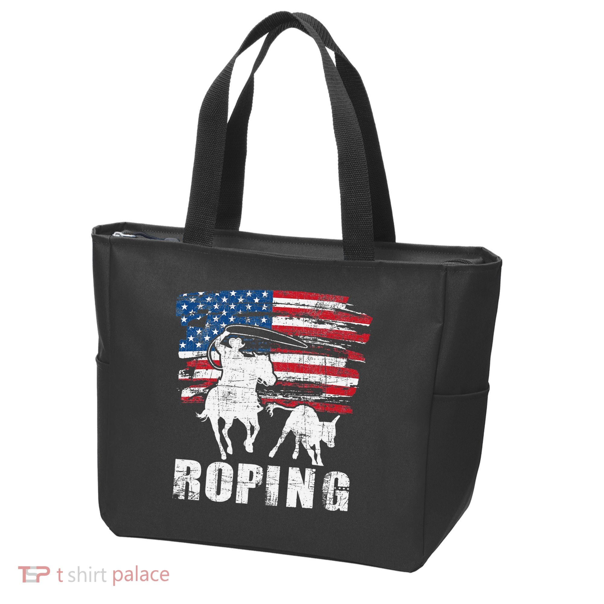 Team Roping Roper Usa American Flag Header Heeler Horse Tote Bag