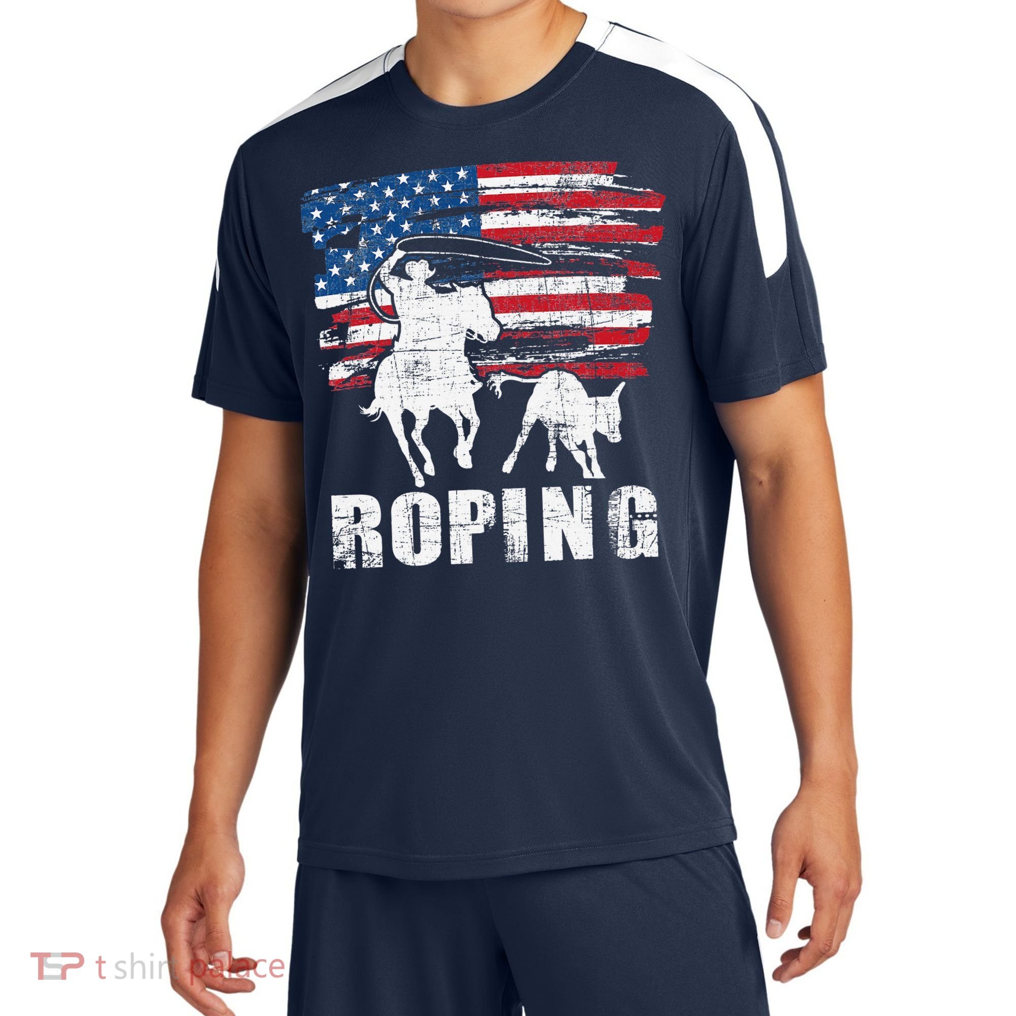 Team Roping Roper Usa American Flag Header Heeler Horse Sport-Tek Competitor United Soccer Jersey