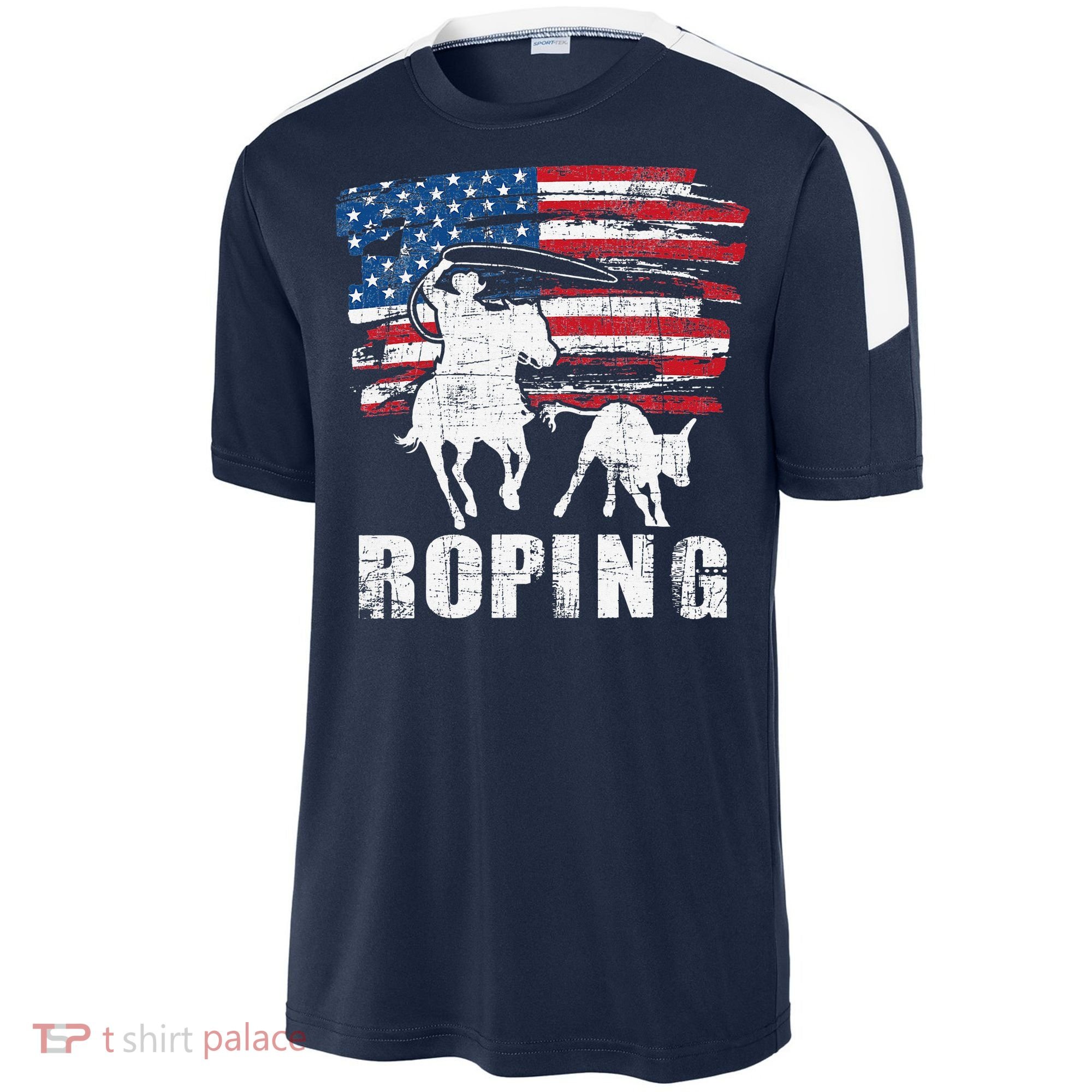 Team Roping Roper Usa American Flag Header Heeler Horse Sport-Tek Competitor United Soccer Jersey