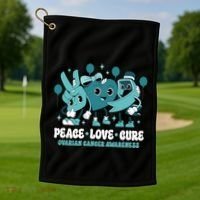 Teal Ribbon Survivor Groovy Ovarian Cancer Awareness Gift Golf Towel thumb 1