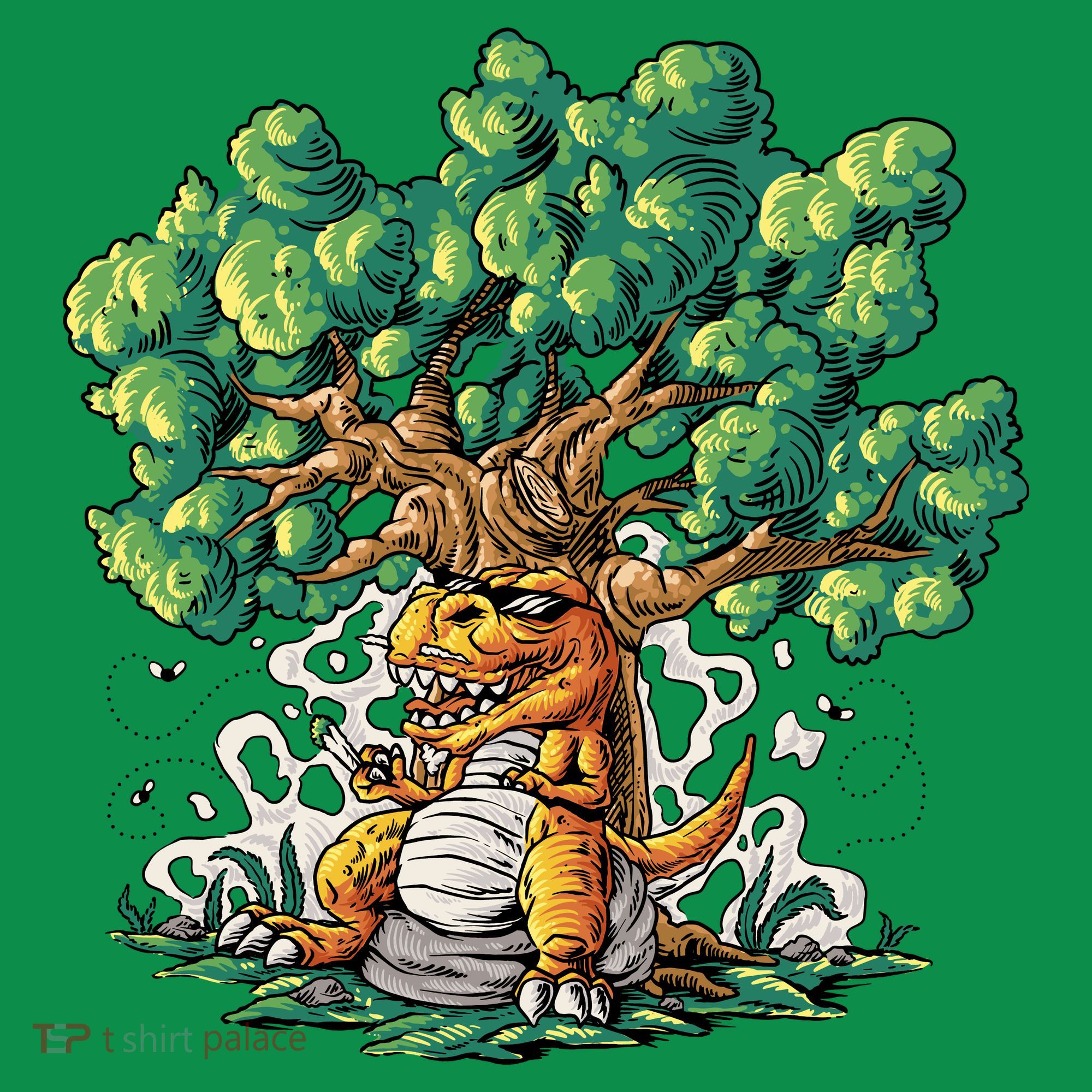T Rex Smoking Joint Under A Tree Button