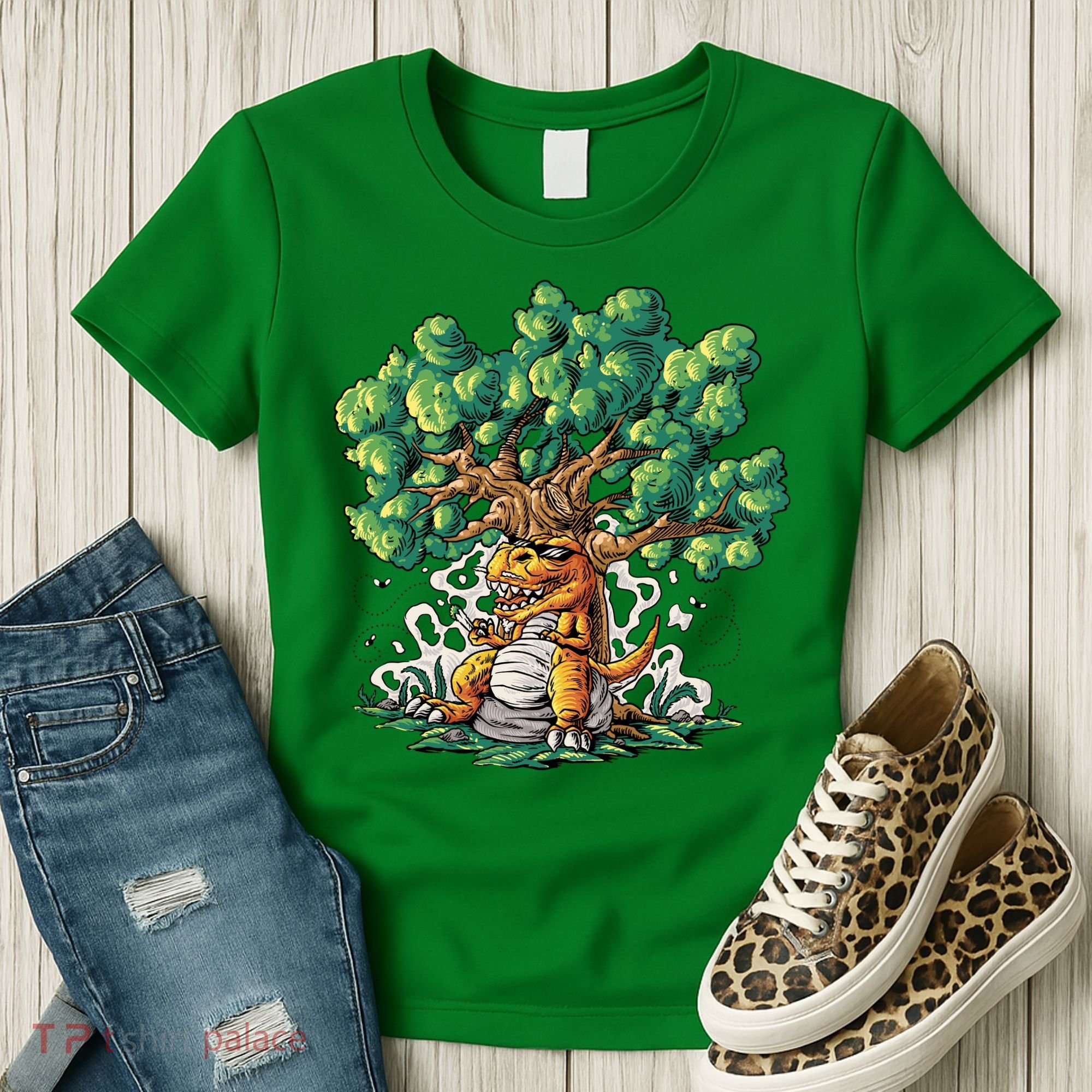 T Rex Smoking Joint Under A Tree Women's T-Shirt