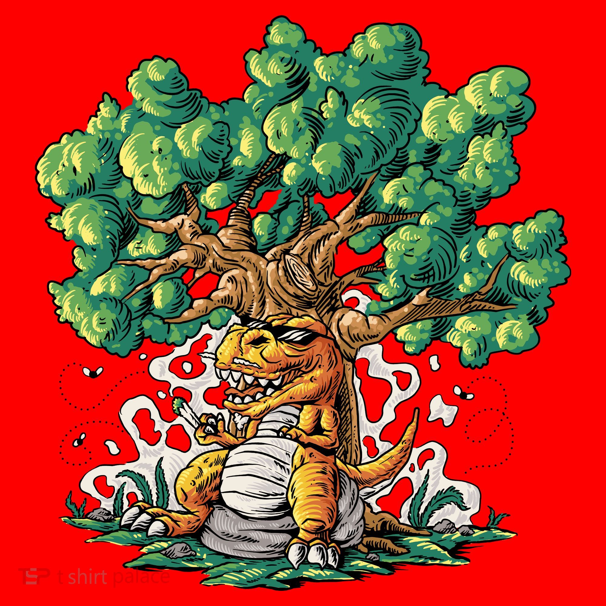 T Rex Smoking Joint Under A Tree Santa Hat