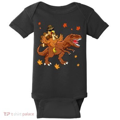 Turkey Riding T Rex Thanksgiving Dinosaur Baby Bodysuit