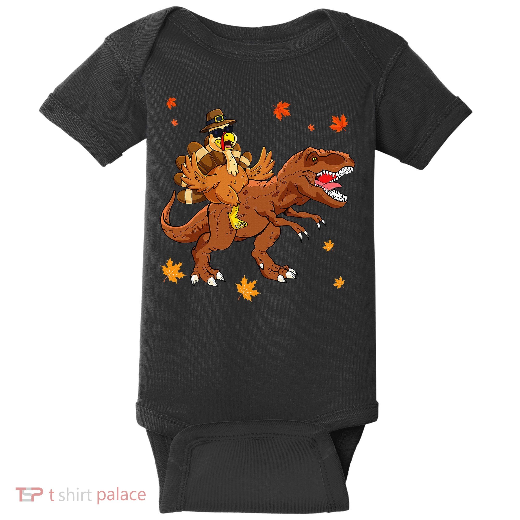 Turkey Riding T Rex Thanksgiving Dinosaur Baby Bodysuit