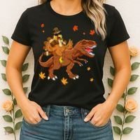 Turkey Riding T Rex Thanksgiving Dinosaur Women's T-Shirt thumb 2