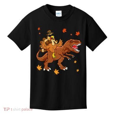 Turkey Riding T Rex Thanksgiving Dinosaur Kids T-Shirt
