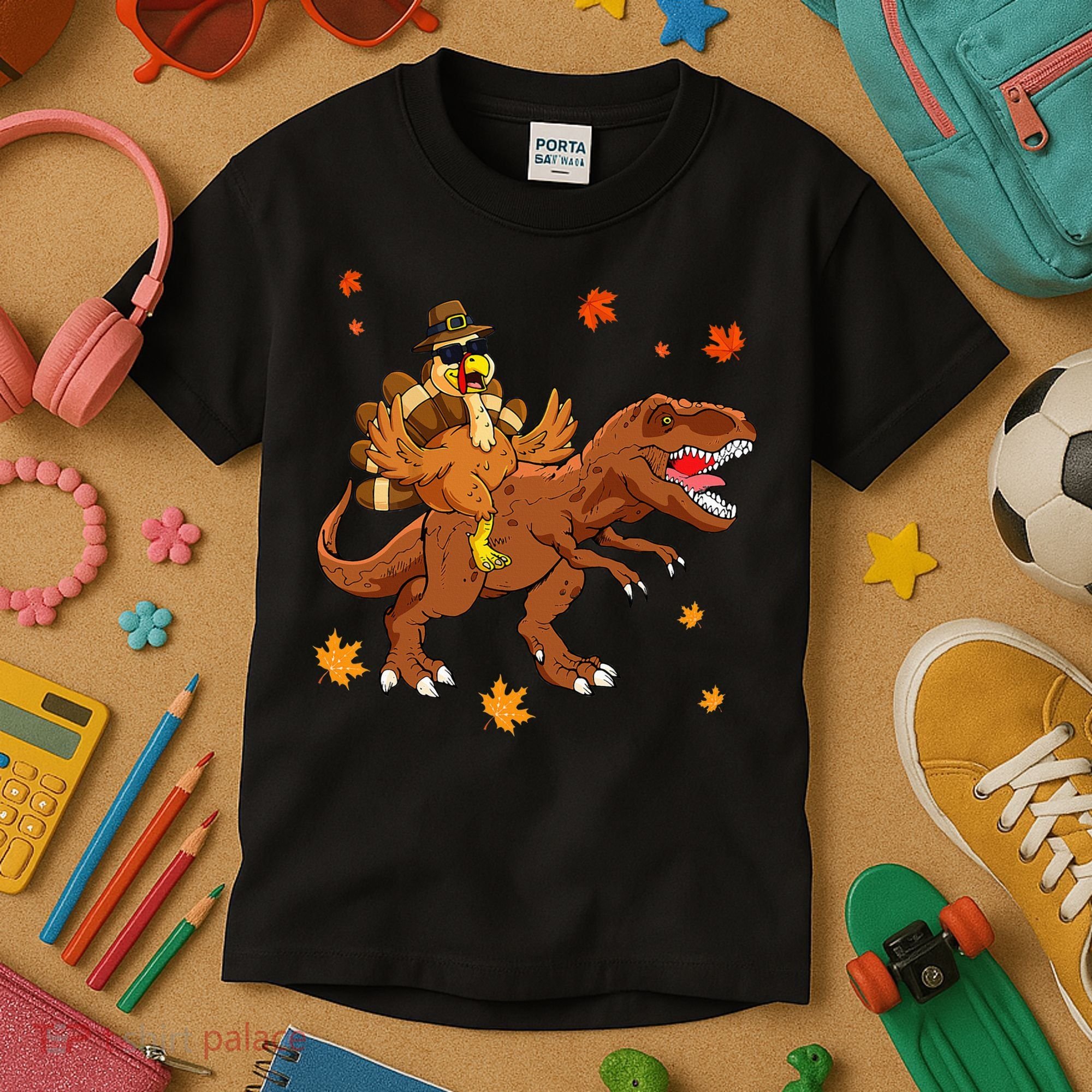 Turkey Riding T Rex Thanksgiving Dinosaur Kids T-Shirt