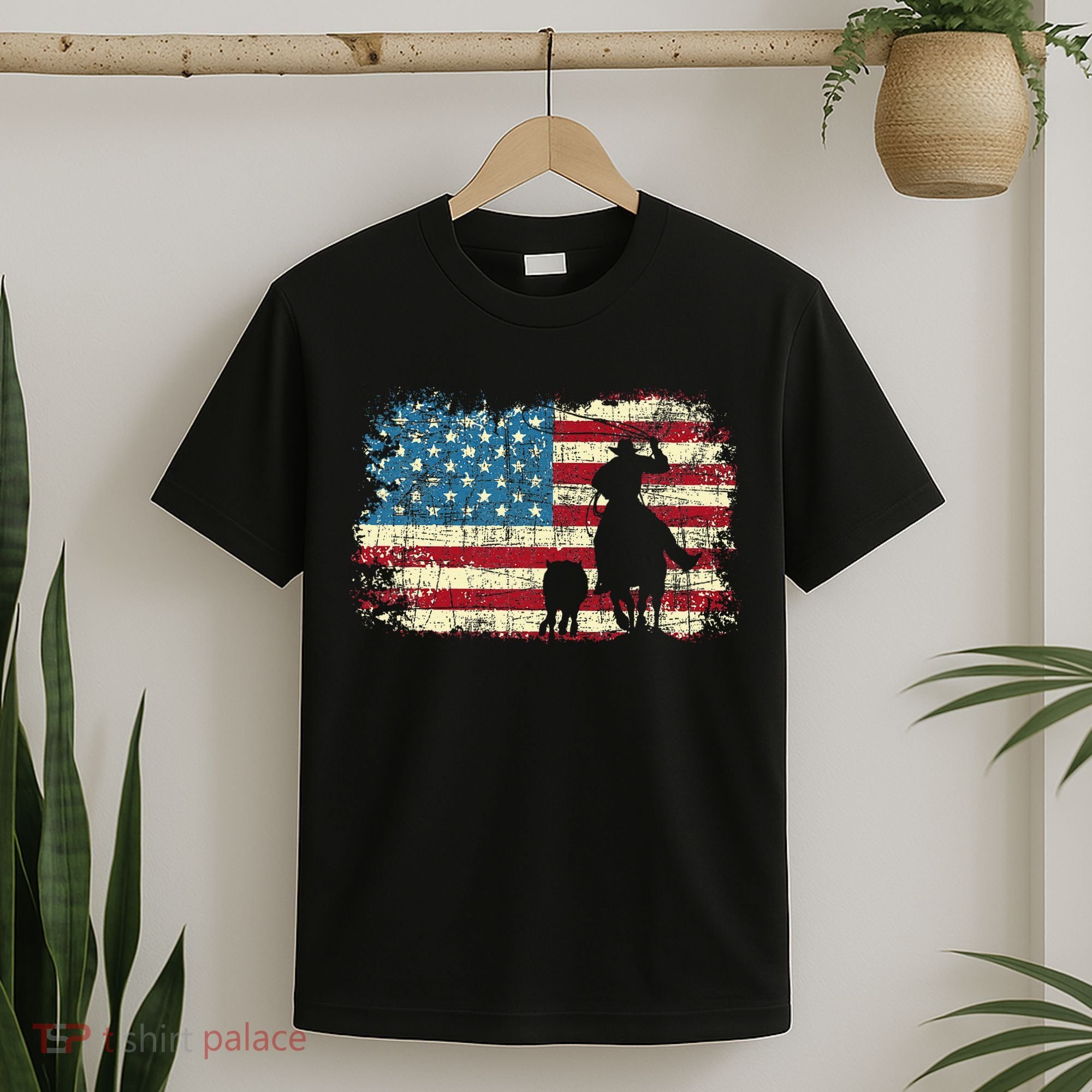 Team Roping USA Flag Cowboy Cowgirl Rancher Heading Heeler T-Shirt