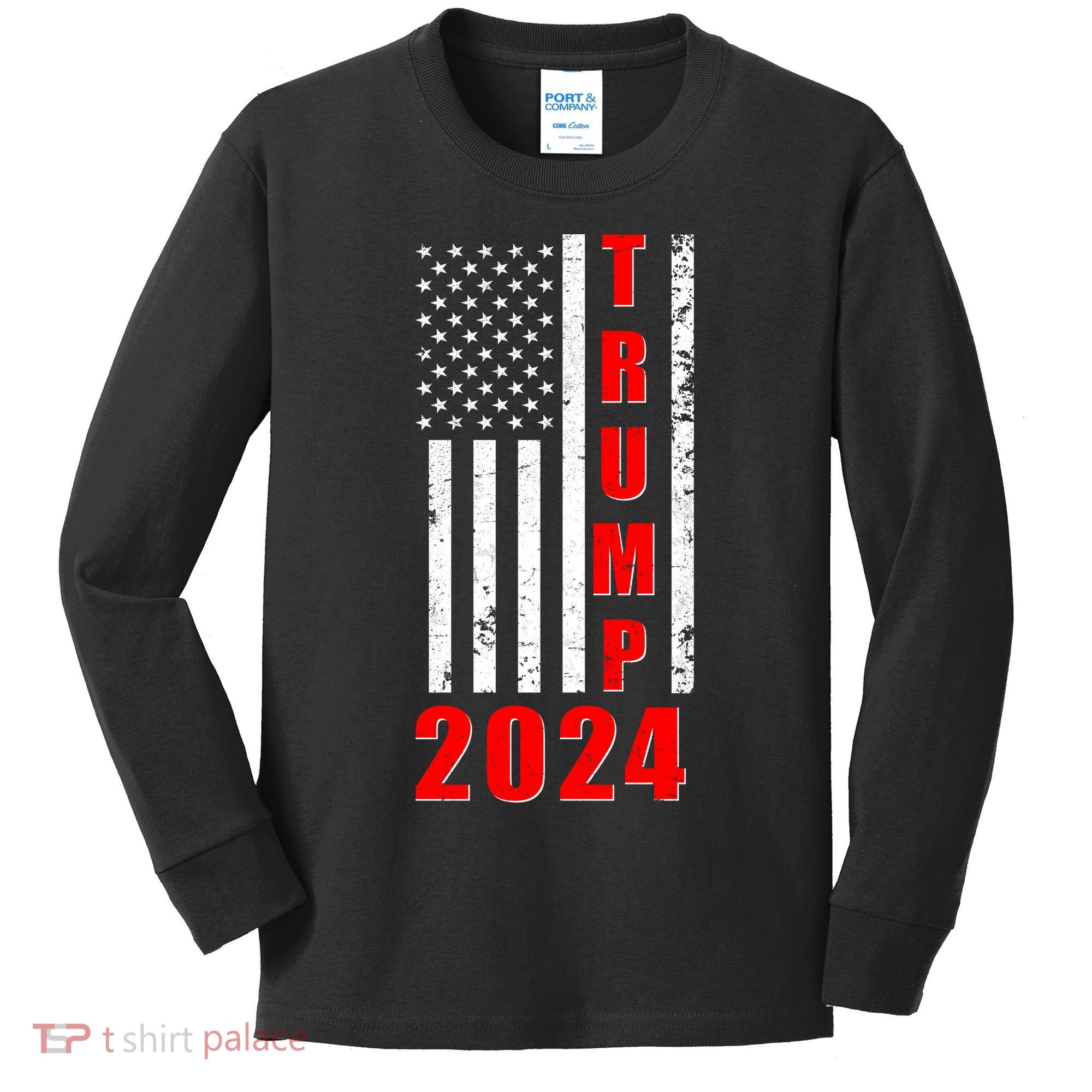 Trump 2024 Election Distressed US Flag Kids Long Sleeve Shirt
