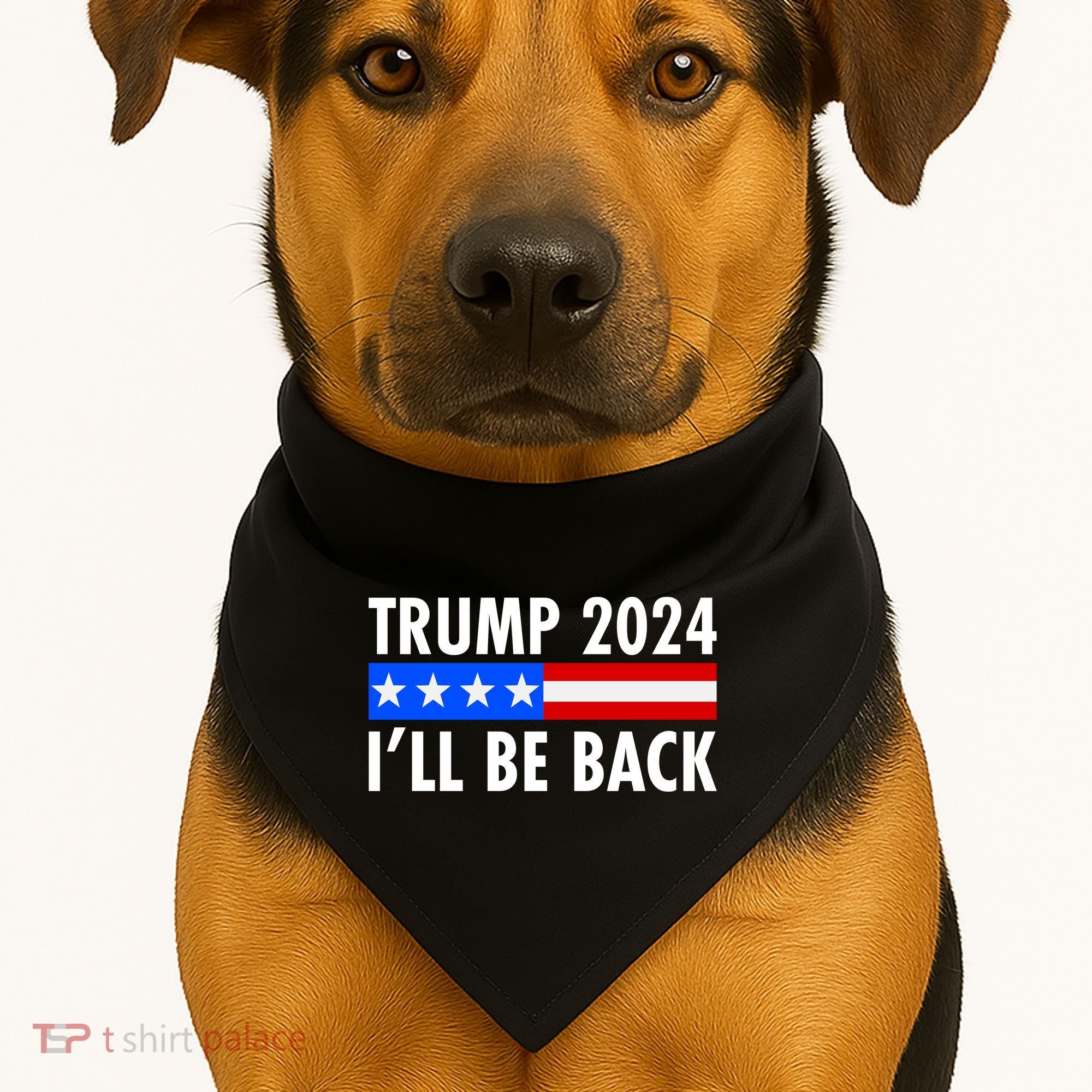 Trump 2024 I'll Be Back US Flag logo USA-Made Doggie Bandana