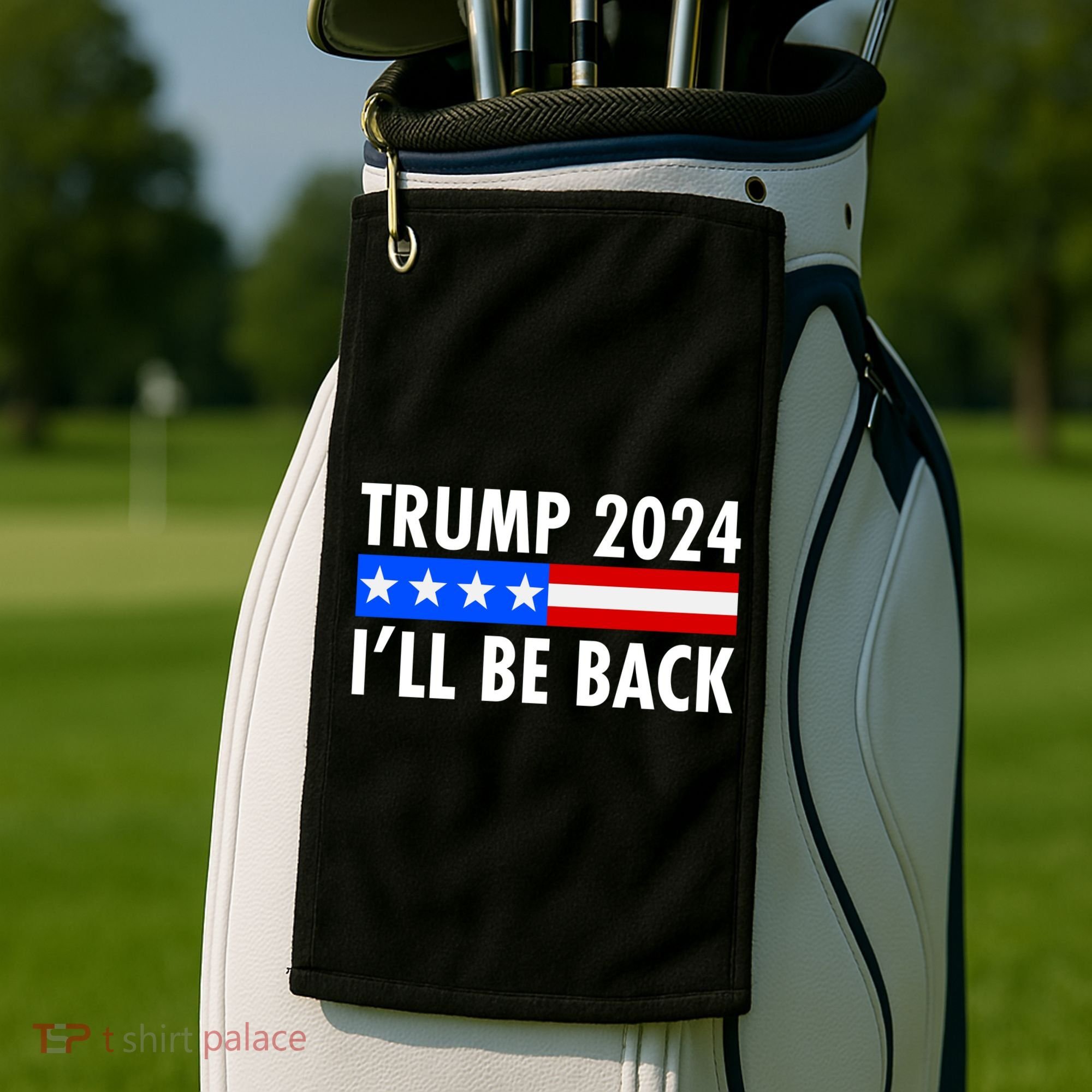 Trump 2024 I'll Be Back US Flag logo Golf Towel