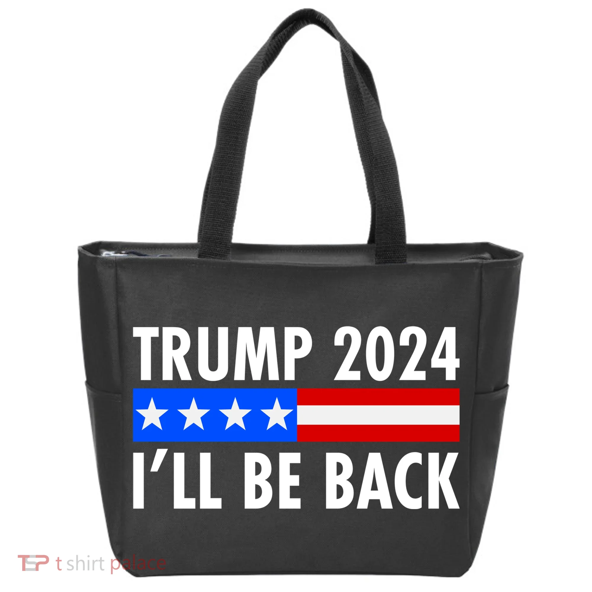 Trump 2024 I'll Be Back US Flag logo Tote Bag