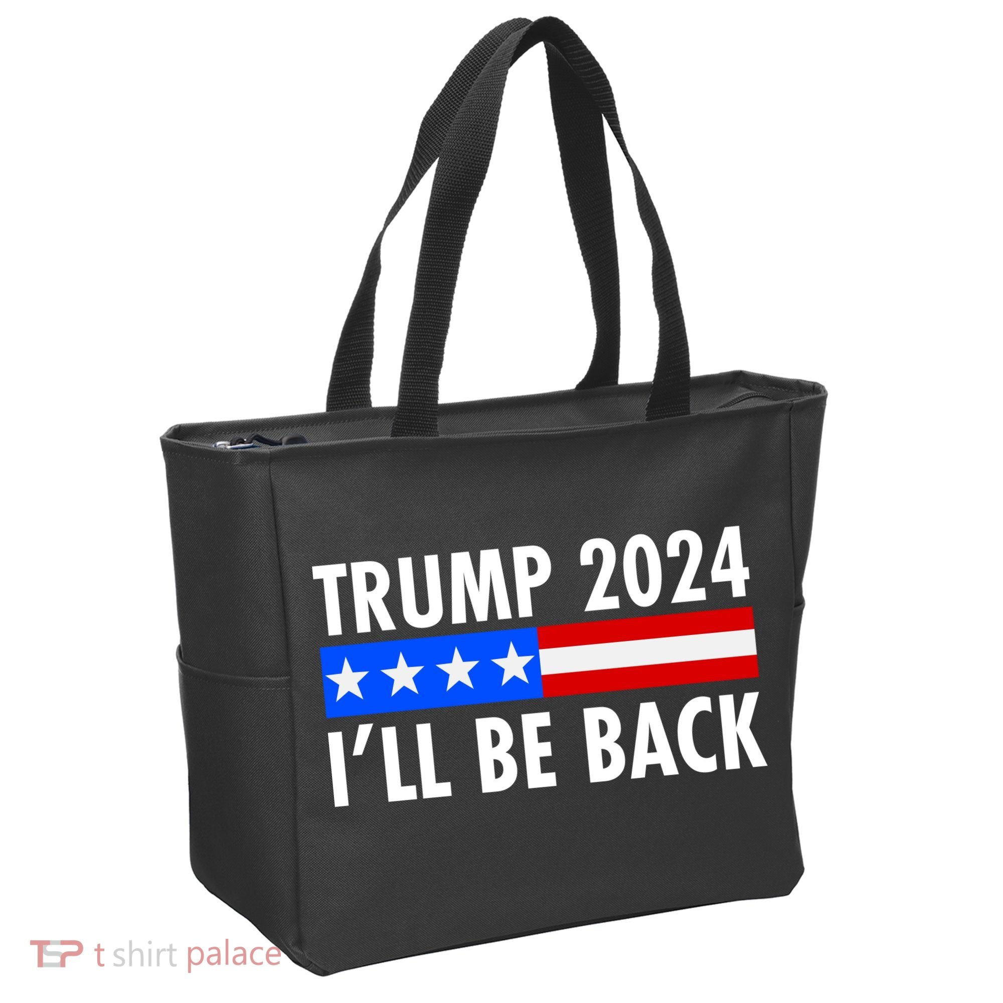 Trump 2024 I'll Be Back US Flag logo Tote Bag