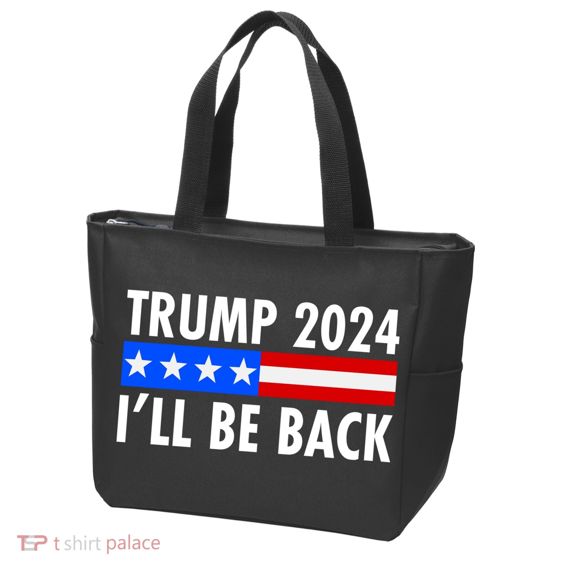 Trump 2024 I'll Be Back US Flag logo Tote Bag