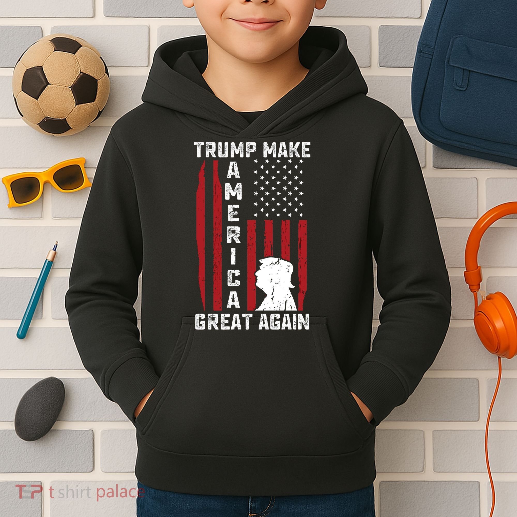 Trump Make America Great Again Distress Flag Kids Hoodie
