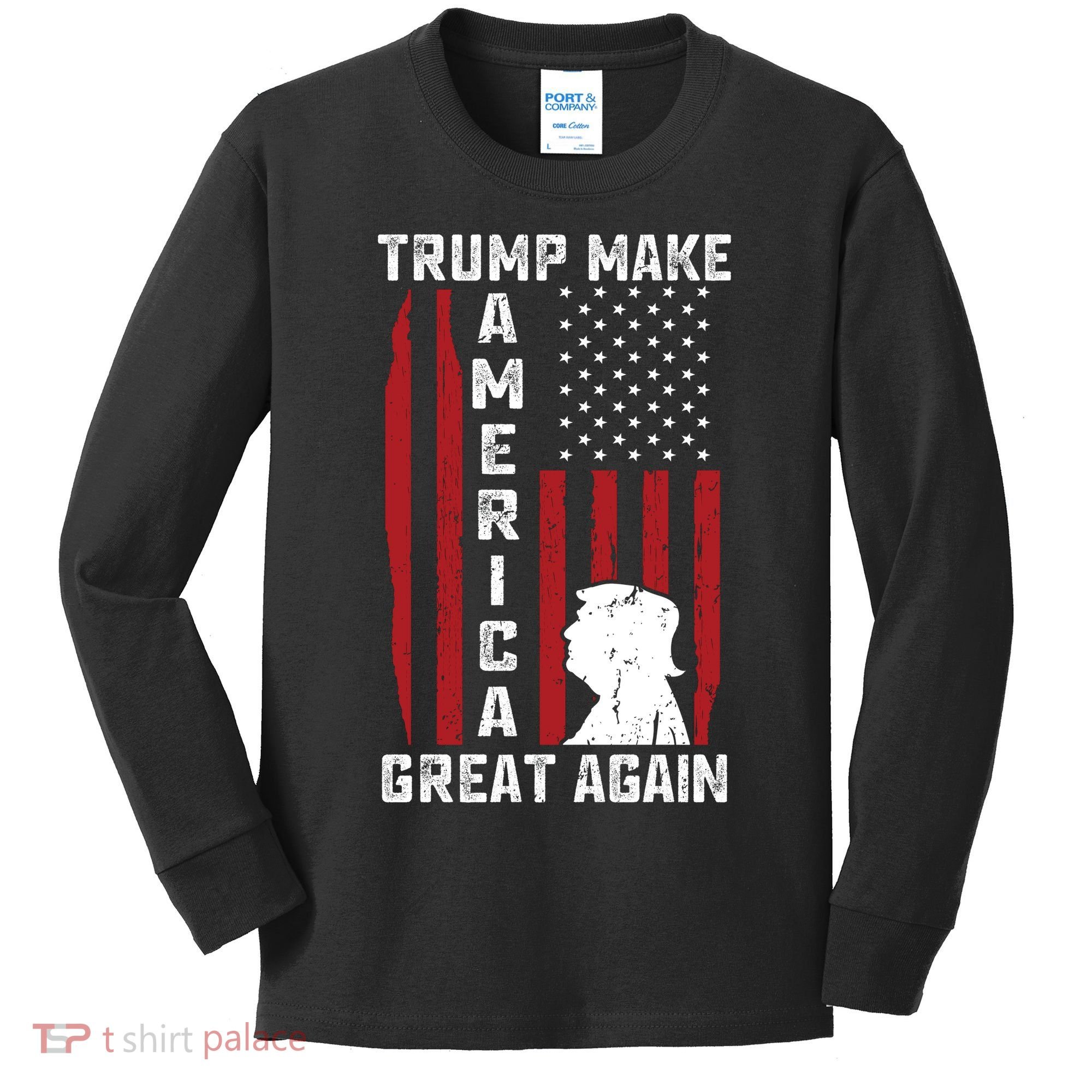 Trump Make America Great Again Distress Flag Kids Long Sleeve Shirt