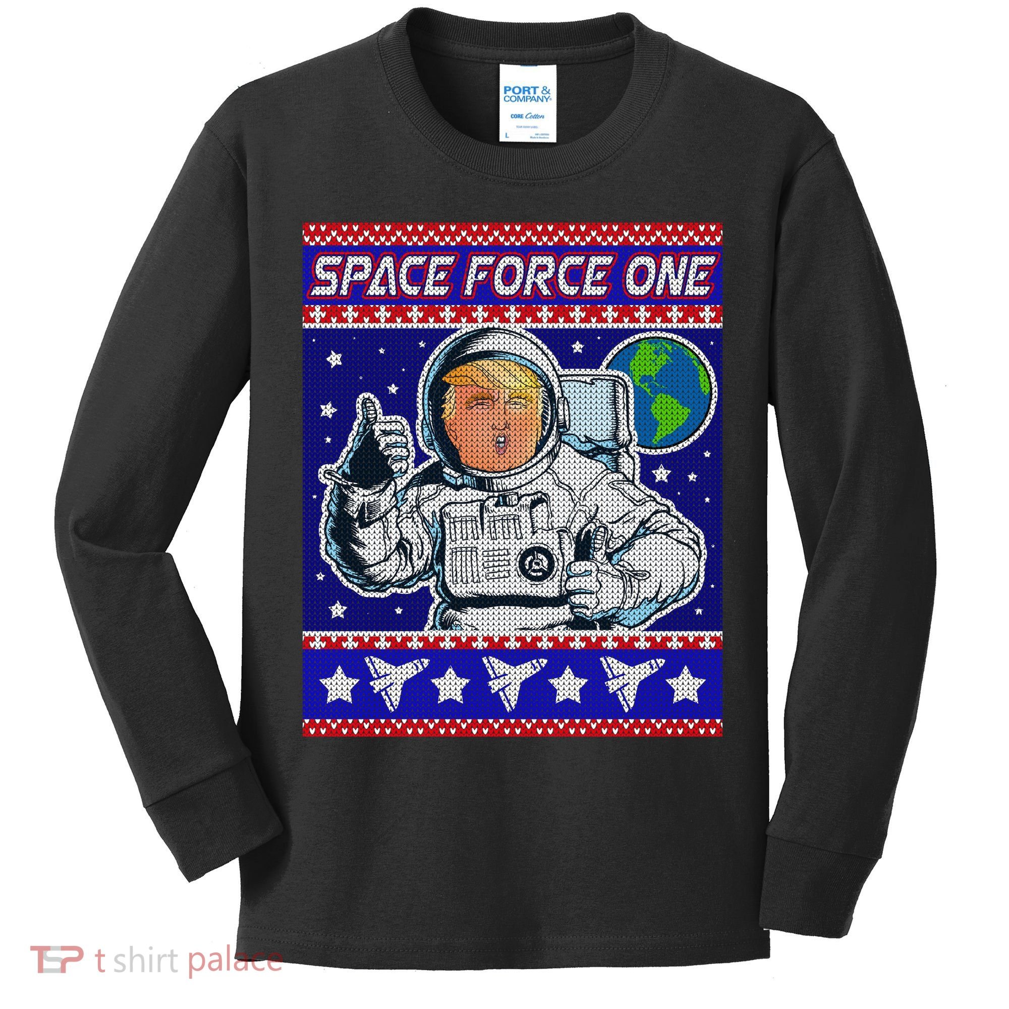 Trump Space Force One Ugly Christmas Kids Long Sleeve Shirt