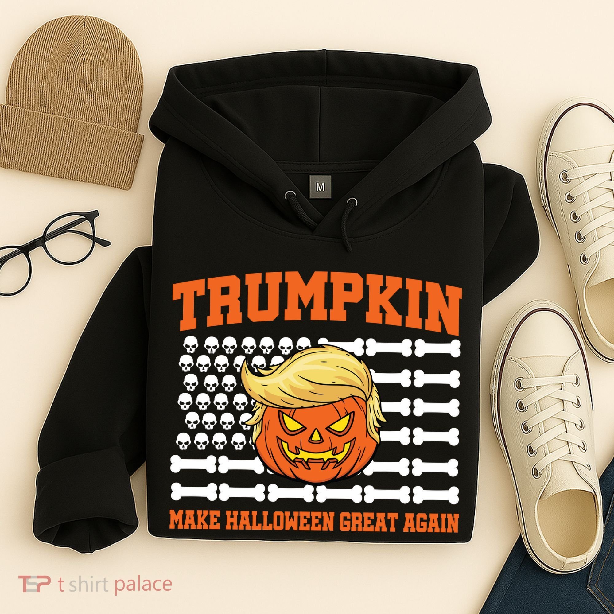 Trumpkin Make Halloween Great Again Skull Bone Flag Hoodie