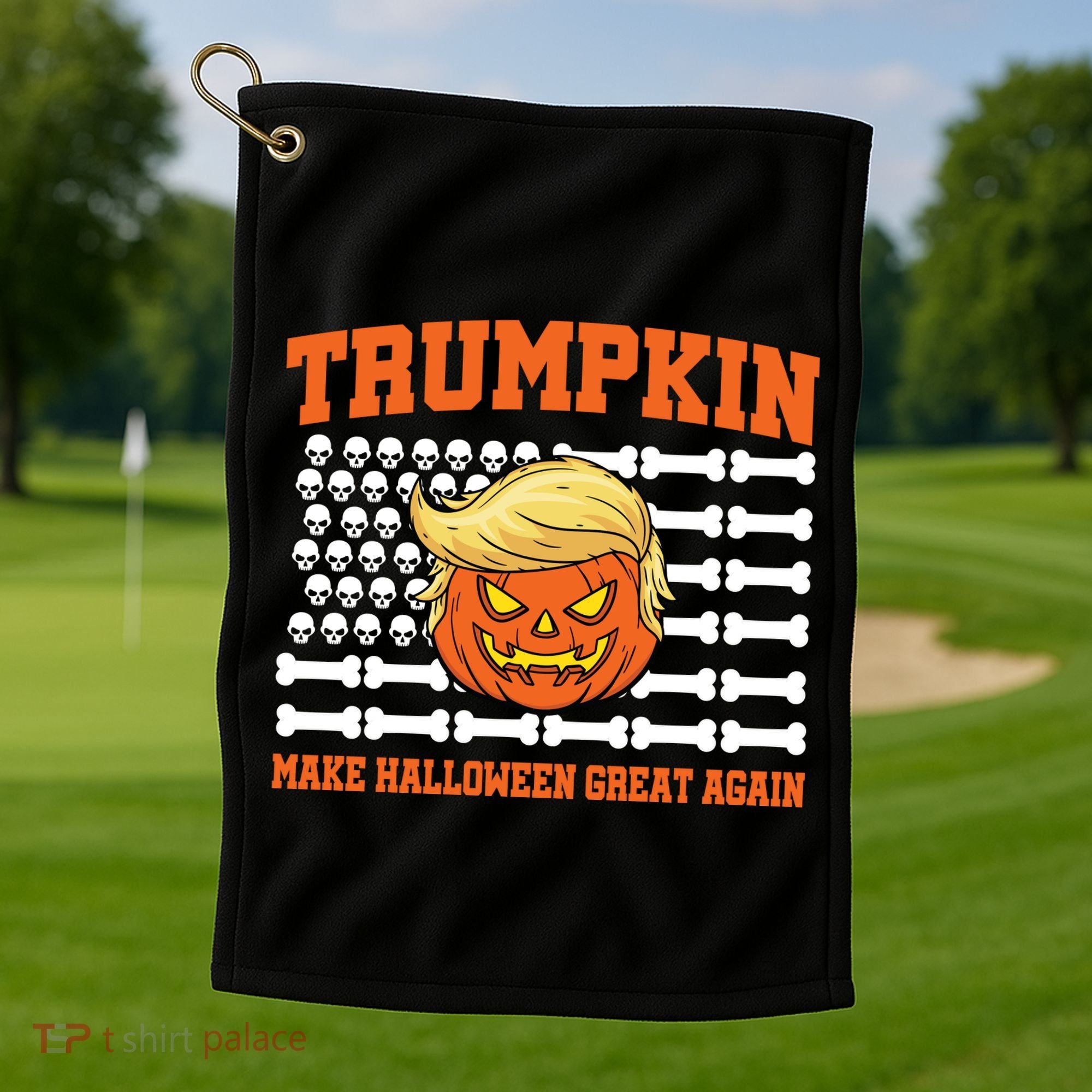 Trumpkin Make Halloween Great Again Skull Bone Flag Golf Towel