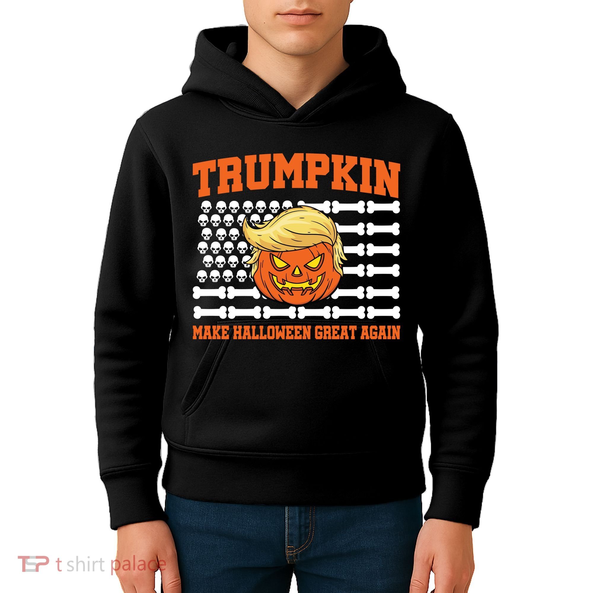 Trumpkin Make Halloween Great Again Skull Bone Flag Kids Hoodie