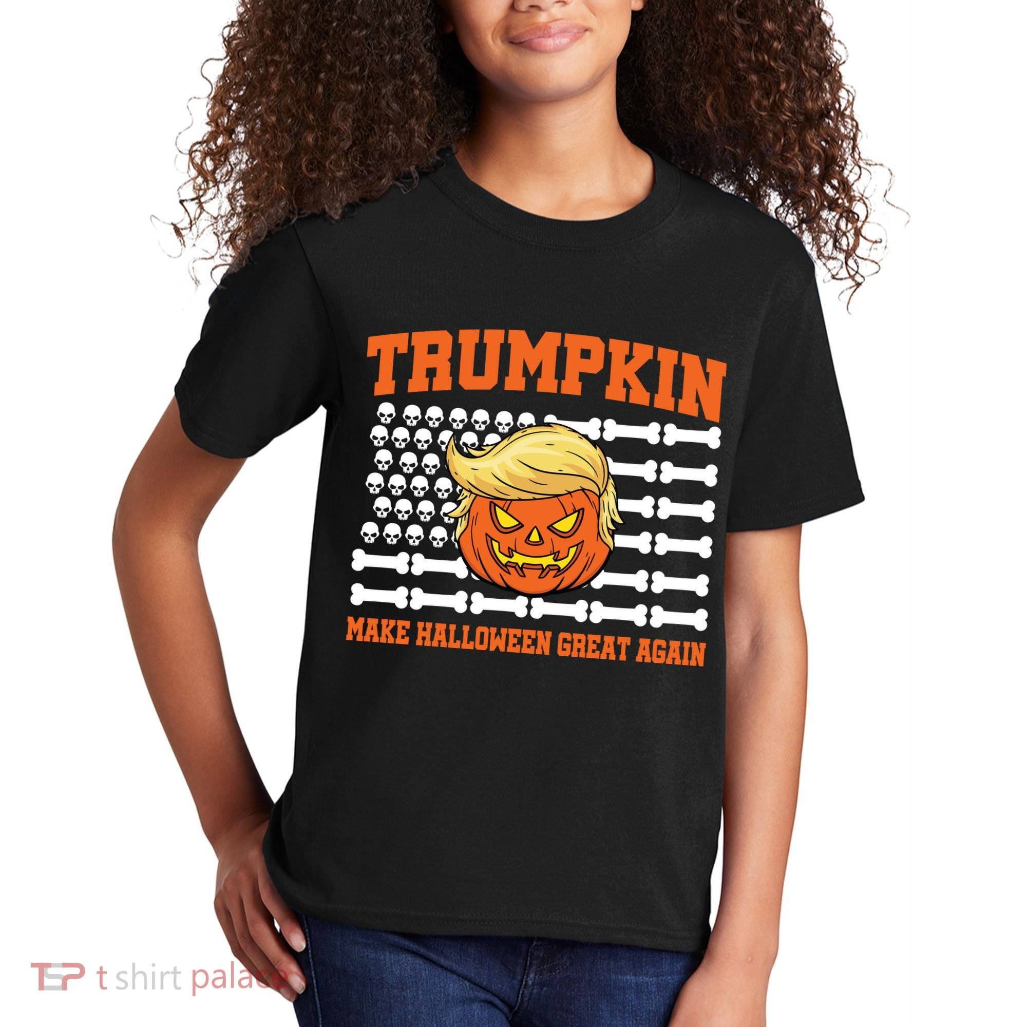 Trumpkin Make Halloween Great Again Skull Bone Flag Kids T-Shirt