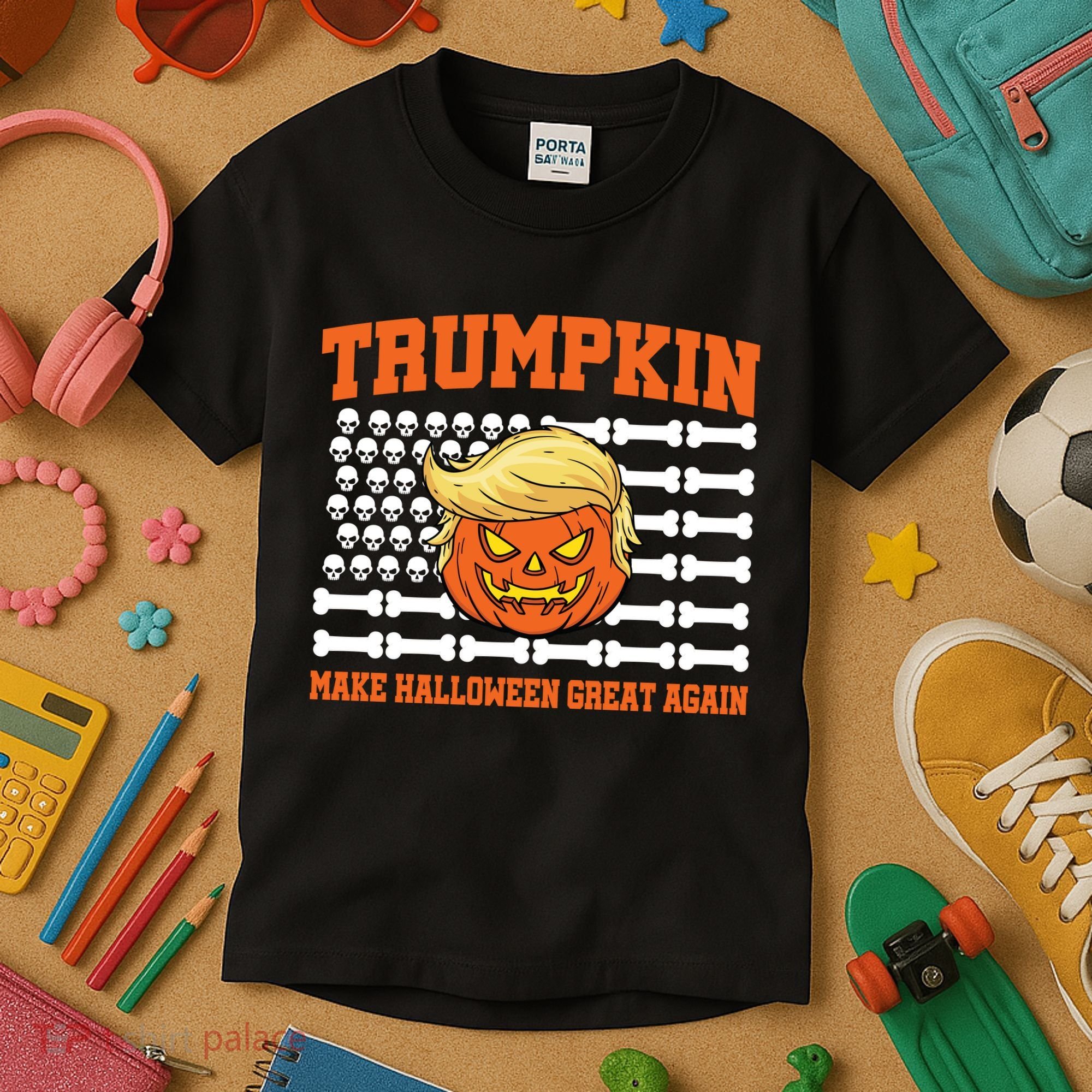 Trumpkin Make Halloween Great Again Skull Bone Flag Kids T-Shirt