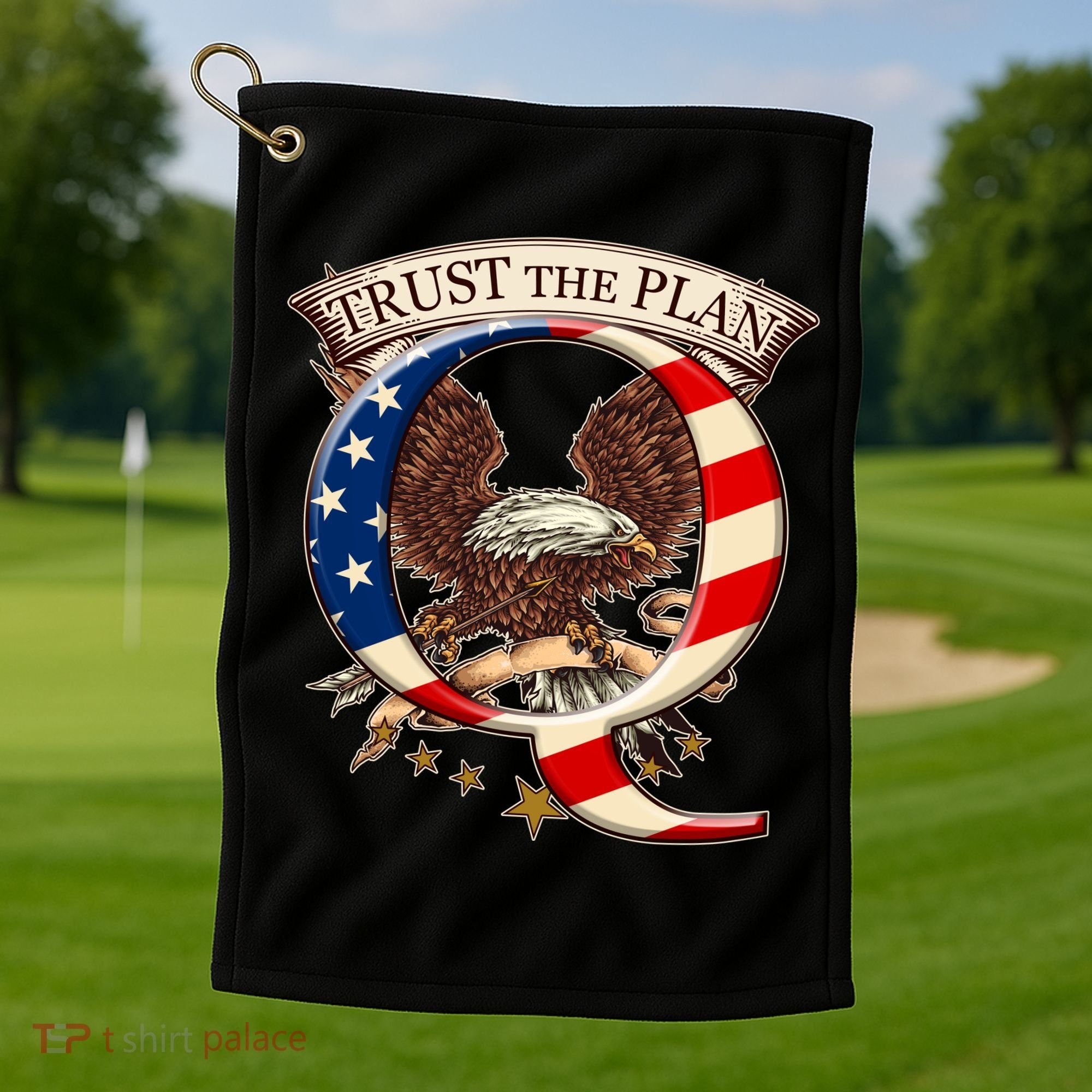 Trust The Plan Qanon American Flag Eagle Golf Towel