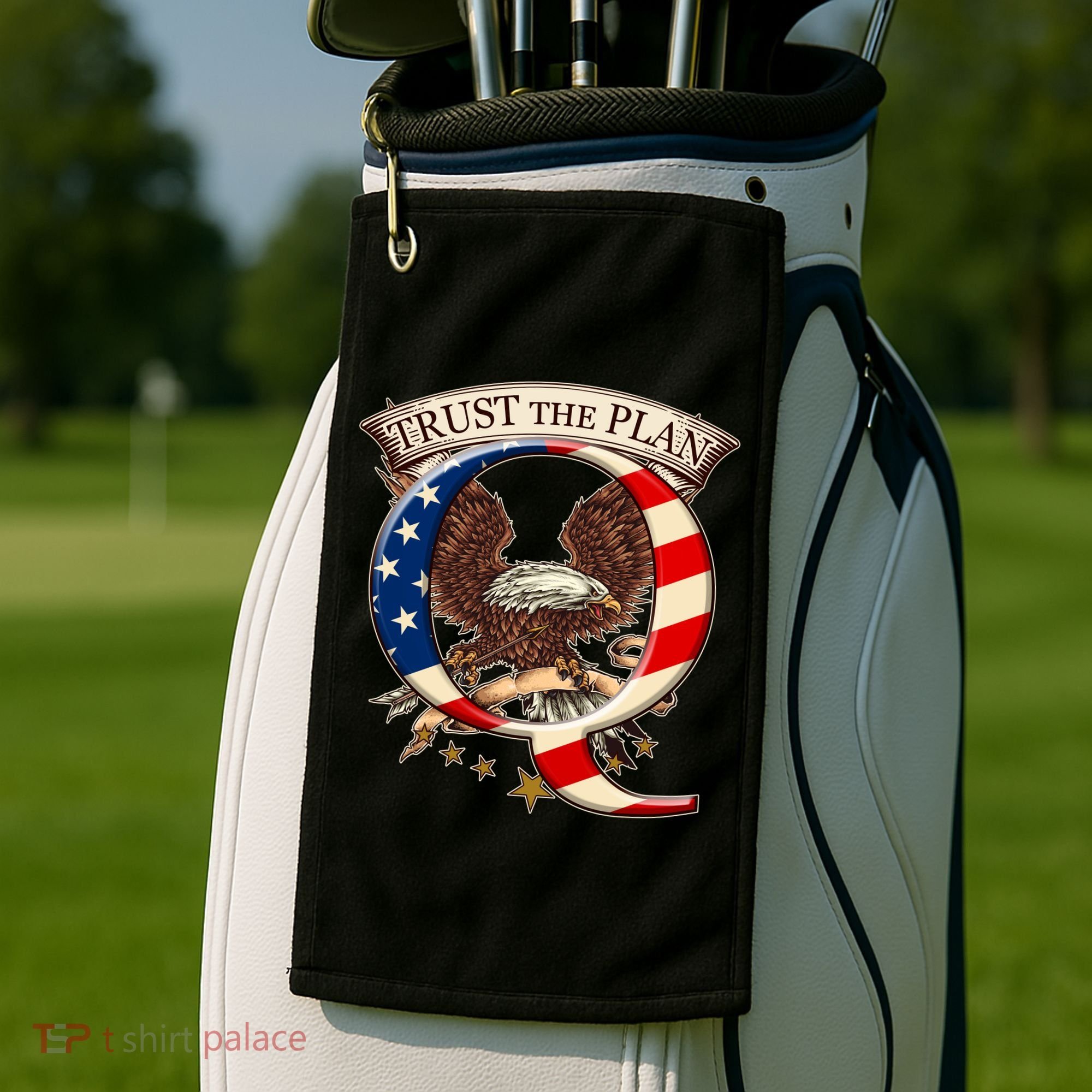 Trust The Plan Qanon American Flag Eagle Golf Towel