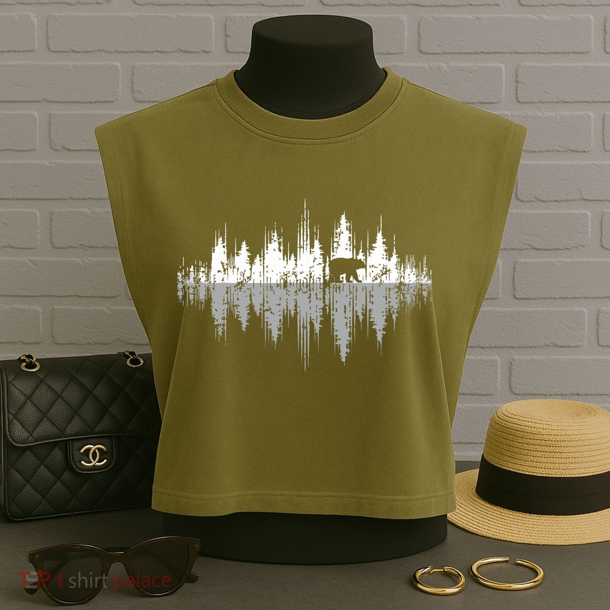 Trees Reflection Wildlife Nature Animal Bear Outdoor Forest Garment-Dyed Women's Muscle Tee